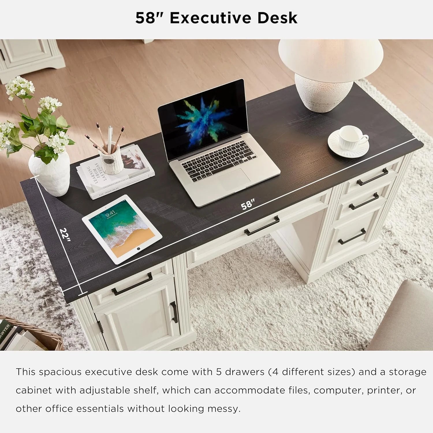 T4TREAM Farmhouse Wood 58 Executive Desk. Home Office 30 High Computer Desk with Drawers and Storage Cabinet. White