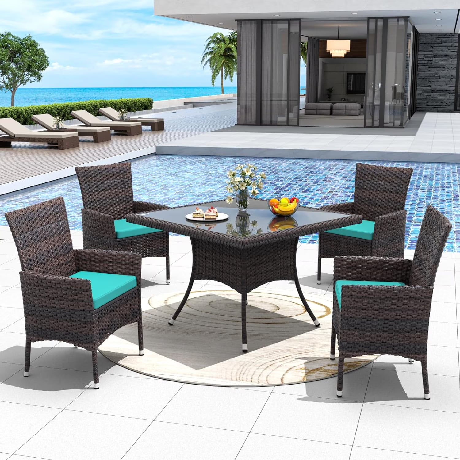 ALAULM 5 Pieces Patio Dining Set Outdoor Rattan Furniture with Square Glass Tabletop 4 Chairs with Cushions for Patio. Backyard Outdoor Kitchen Lawn & Garden Blue