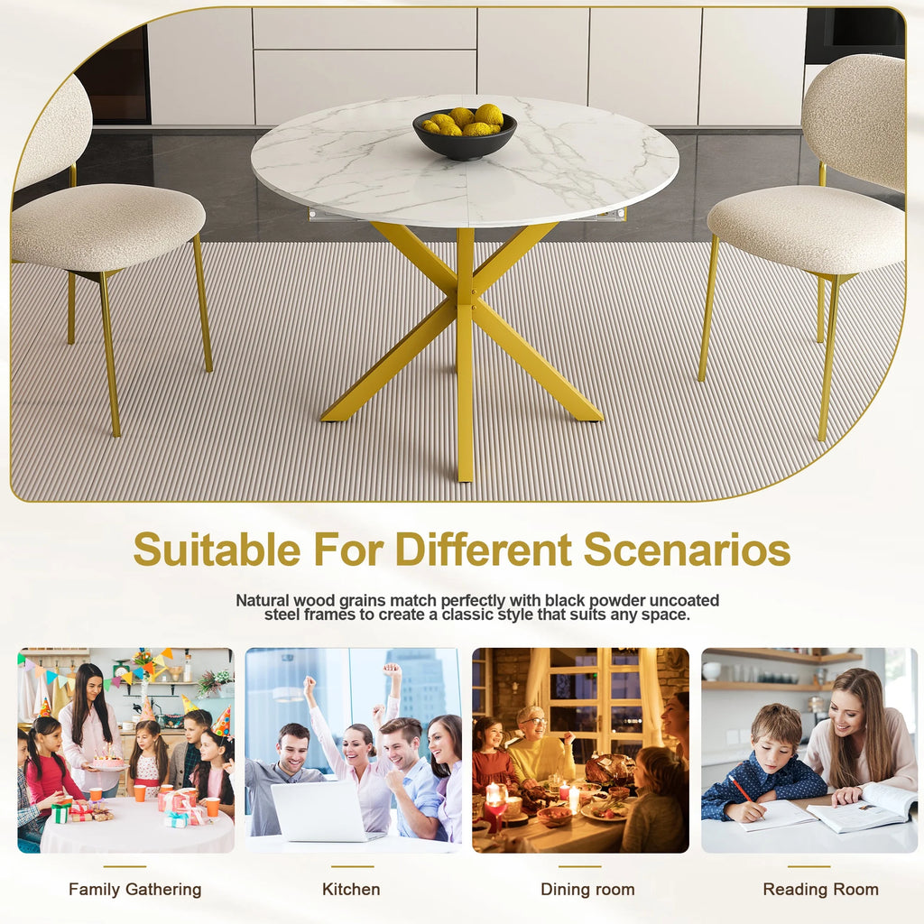 UHOMEPRO Extendable Dining Table with Extendable Blades. Modern Round Kitchen Table with Faux Marble Tabletop. Single Dining Room Table with Carbon Steel X-shaped Base for Dining Room. White+Gold