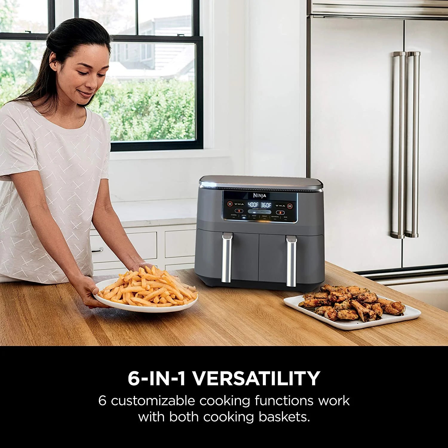 Restored Ninja DZ201 Foodi 6-in-1 2-Basket Air Fryer with DualZone Technology. 8-Quart Capacity. and a Dark Grey Stainless Finish (Refurbished)