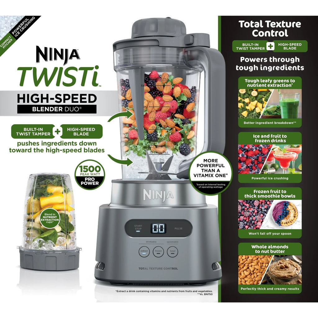 Ninja Twisti. High-Speed Blender Duo 3 Preset Auto-iQ Programs. 34 oz. Pitcher Capacity. SS150