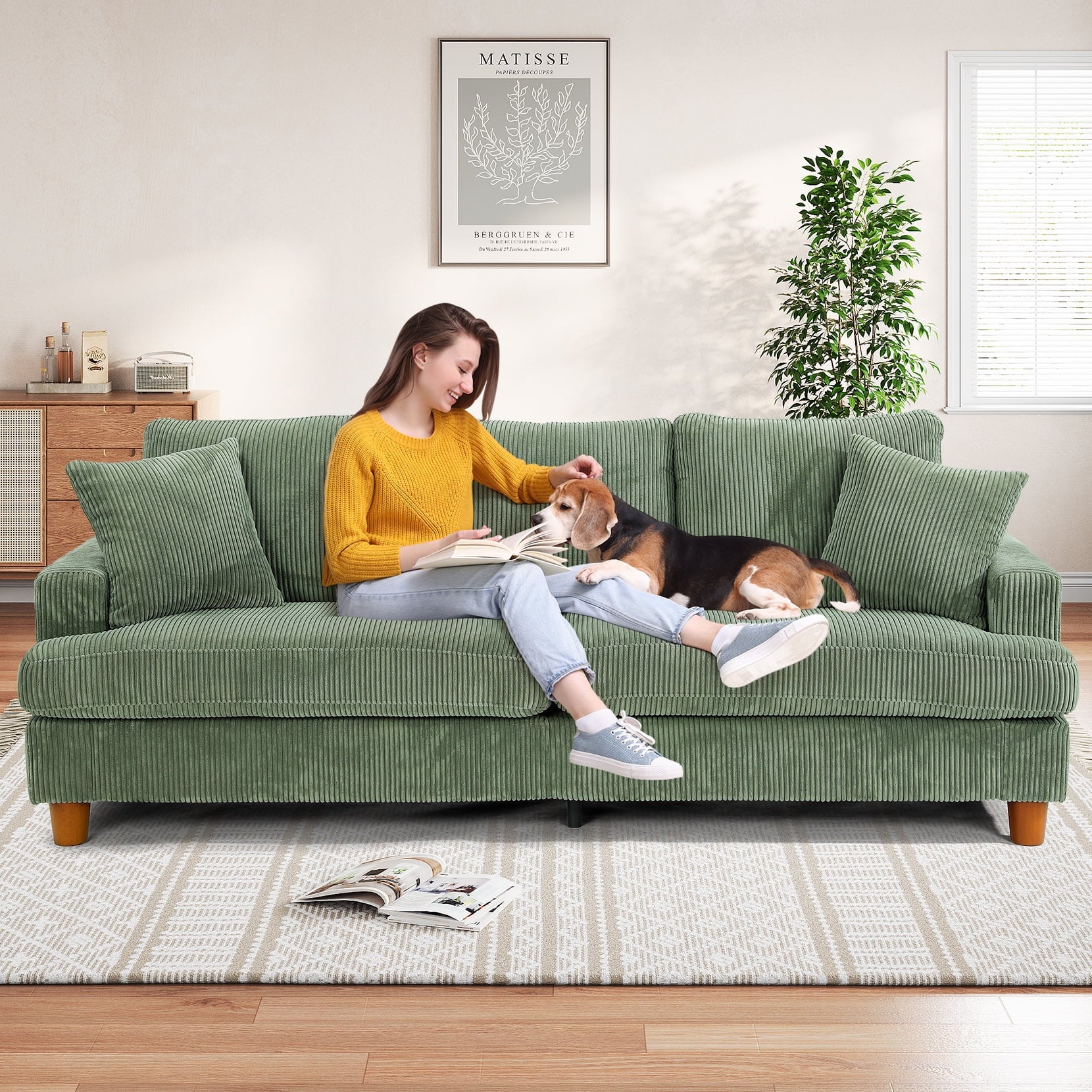 87 Corduroy Sofa.3 Seater Sofa with Extra Deep Seats.Neche Comfy Upholstered Couch for Living Room.2 Pillows.Green