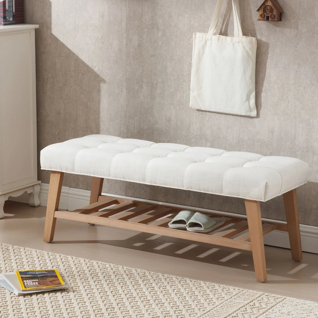Dayalane Upholstered Storage Bench with Shoe Rack.Linen Fabric Entryway Bench for Living Room. Bedroom and Hallway. Multi Functional Ottoman with Solid Wood Shelf. Beige