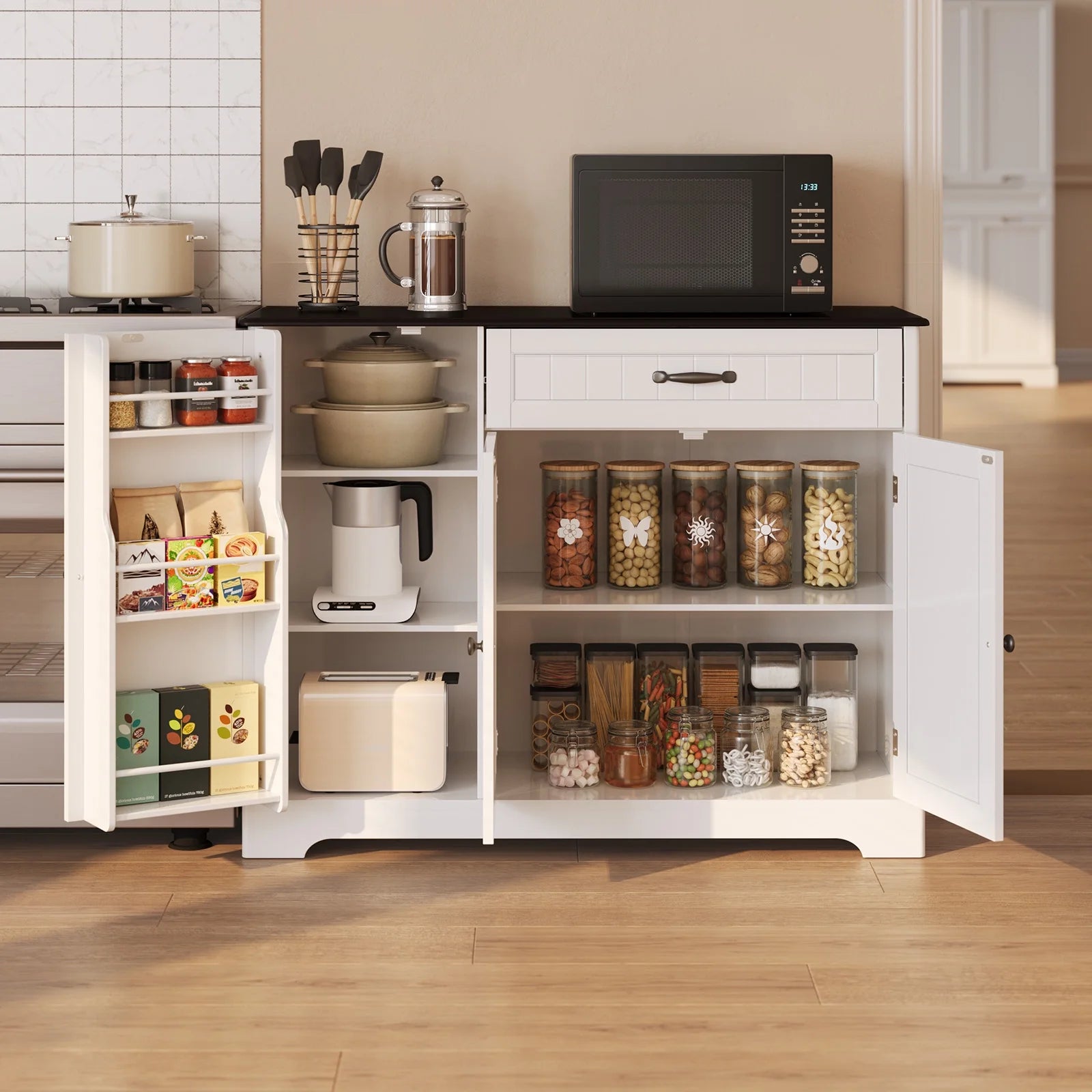 Coffee Bar. Lofka 42 Kitchen Storage Cabinet. Sideboard Buffet Cabinet with 8 Shelves. 1 Drawer