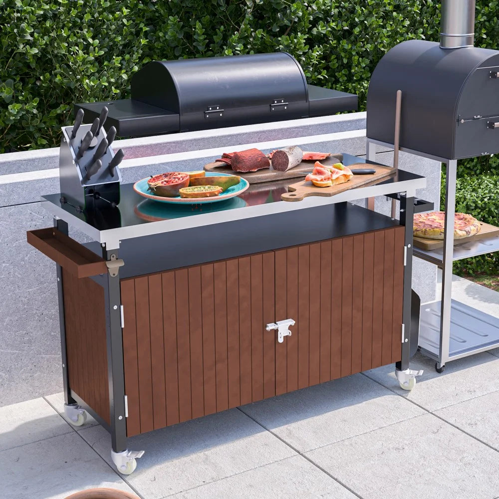 IVV BBQ Grill Storage Cart/Bin. Outdoor Storage Cabinet on Wheels. Metal Kitchen Dining Table Cooking Prep Table with Wheels. Hooks. and Spice Rack. for Patio Island Home Party Bar (Brown)