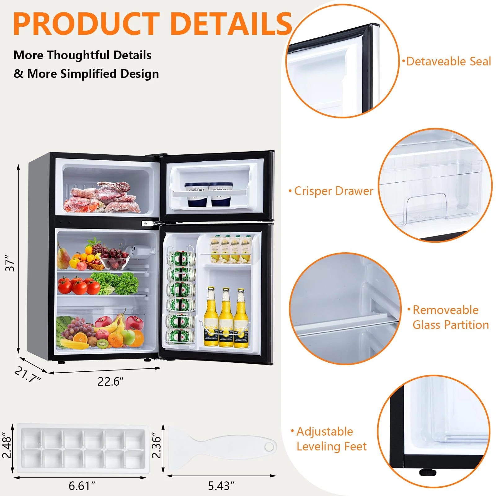 3.2 Cu. Ft Mini Fridge with Freezer. Small Refrigerators Double Door Stainless Steel. 5 Adjustable Thermostat Settings. Compact Internal Freezer with Crisper Drawer for Apartment Dorm. Silver
