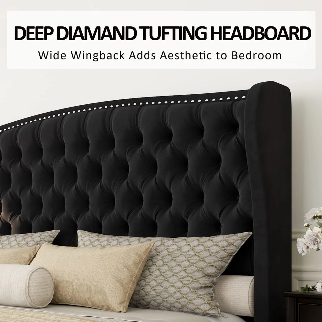 VANACC Queen Size Bed Frame. Velvet Upholstered Bed with Deep Button Tufted Wingback Headboard��Grey