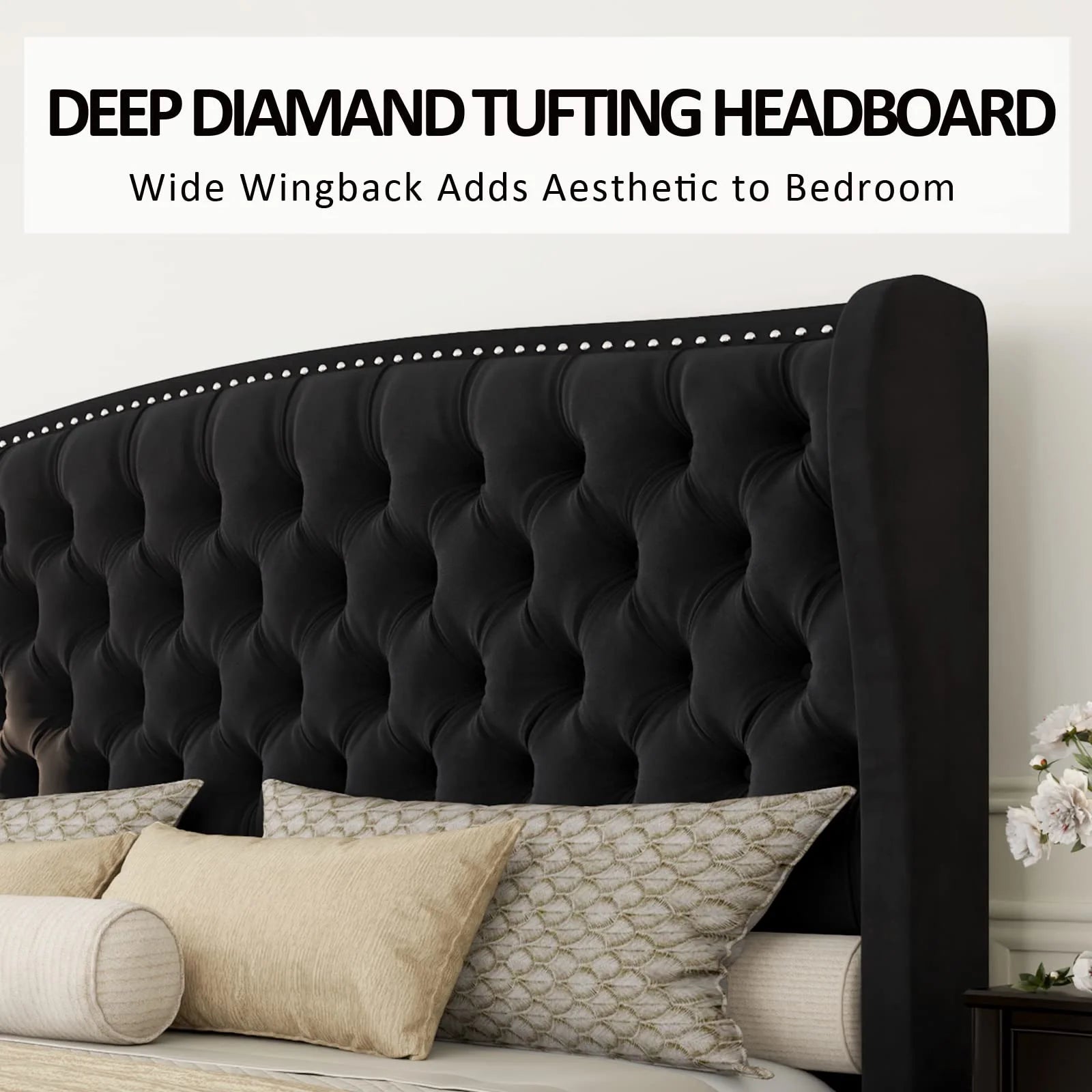 VANACC Queen Size Bed Frame. Velvet Upholstered Bed with Deep Button Tufted Wingback Headboard��Grey