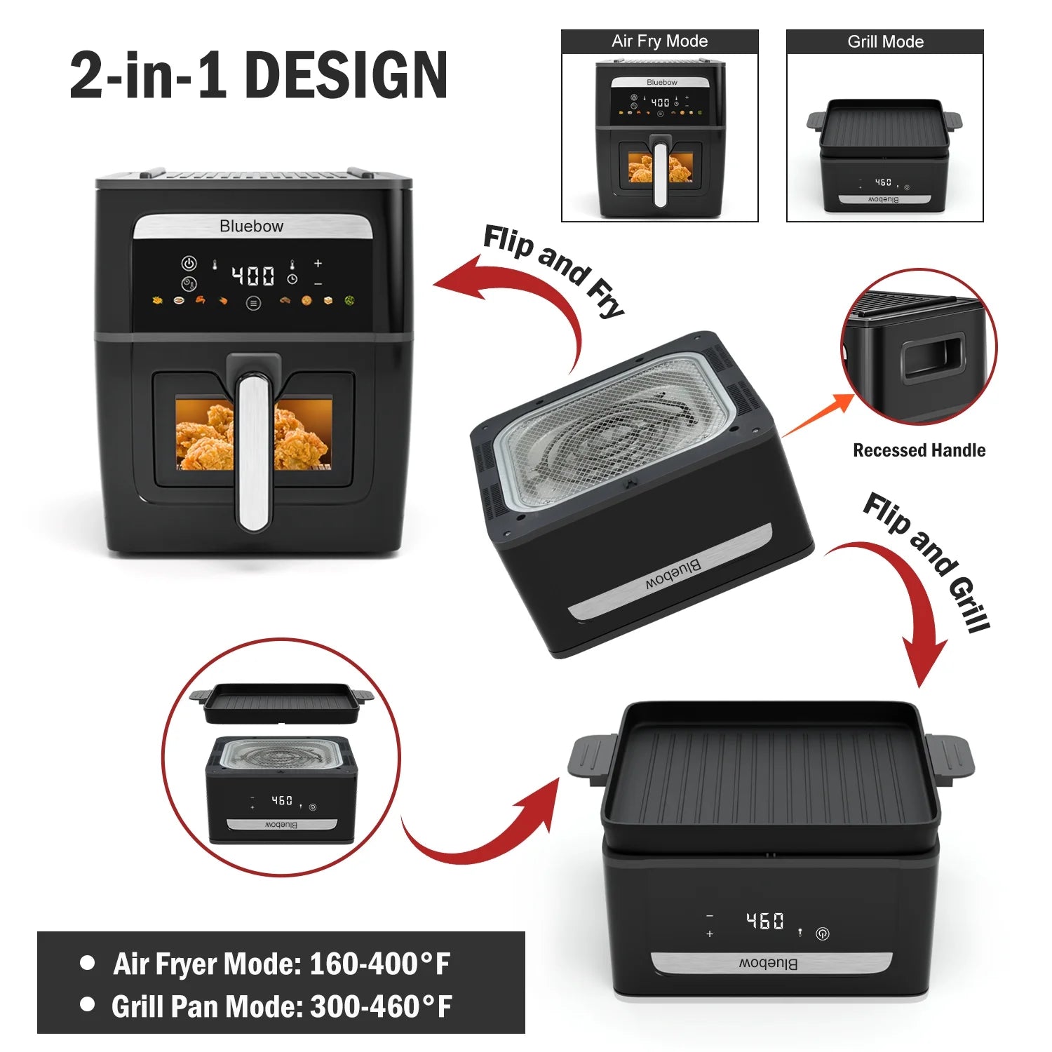 Bluebow 9QT  Air Fryer & Grill Pan Combo. Large Capacity. 8 Preset Functions. Non Toxic. Non-Stick. View Window. Black