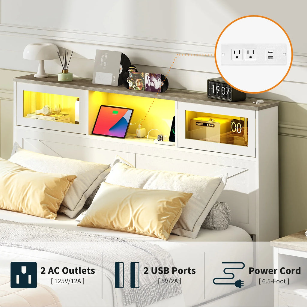 Full Size Bed Frame with Headboard. Full Bed Frame with Charging Station. LED Beds with 2 Storage Drawers.  Wood Farmhouse Bedframe. White
