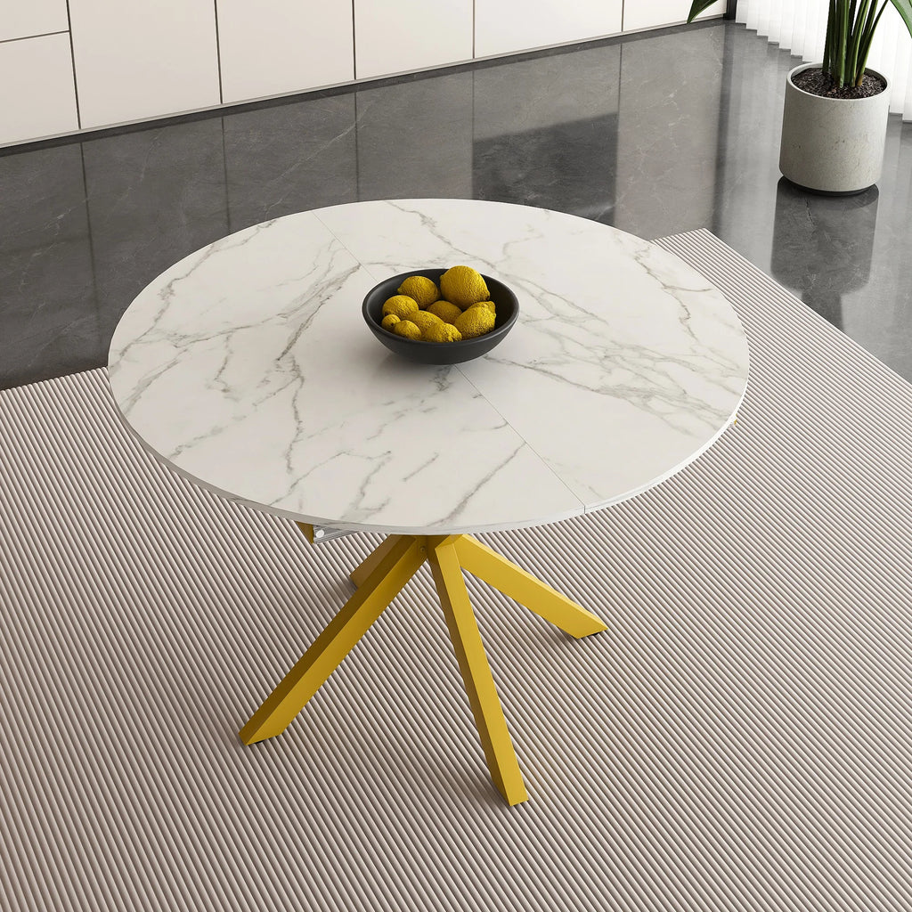 UHOMEPRO Extendable Dining Table with Extendable Blades. Modern Round Kitchen Table with Faux Marble Tabletop. Single Dining Room Table with Carbon Steel X-shaped Base for Dining Room. White+Gold