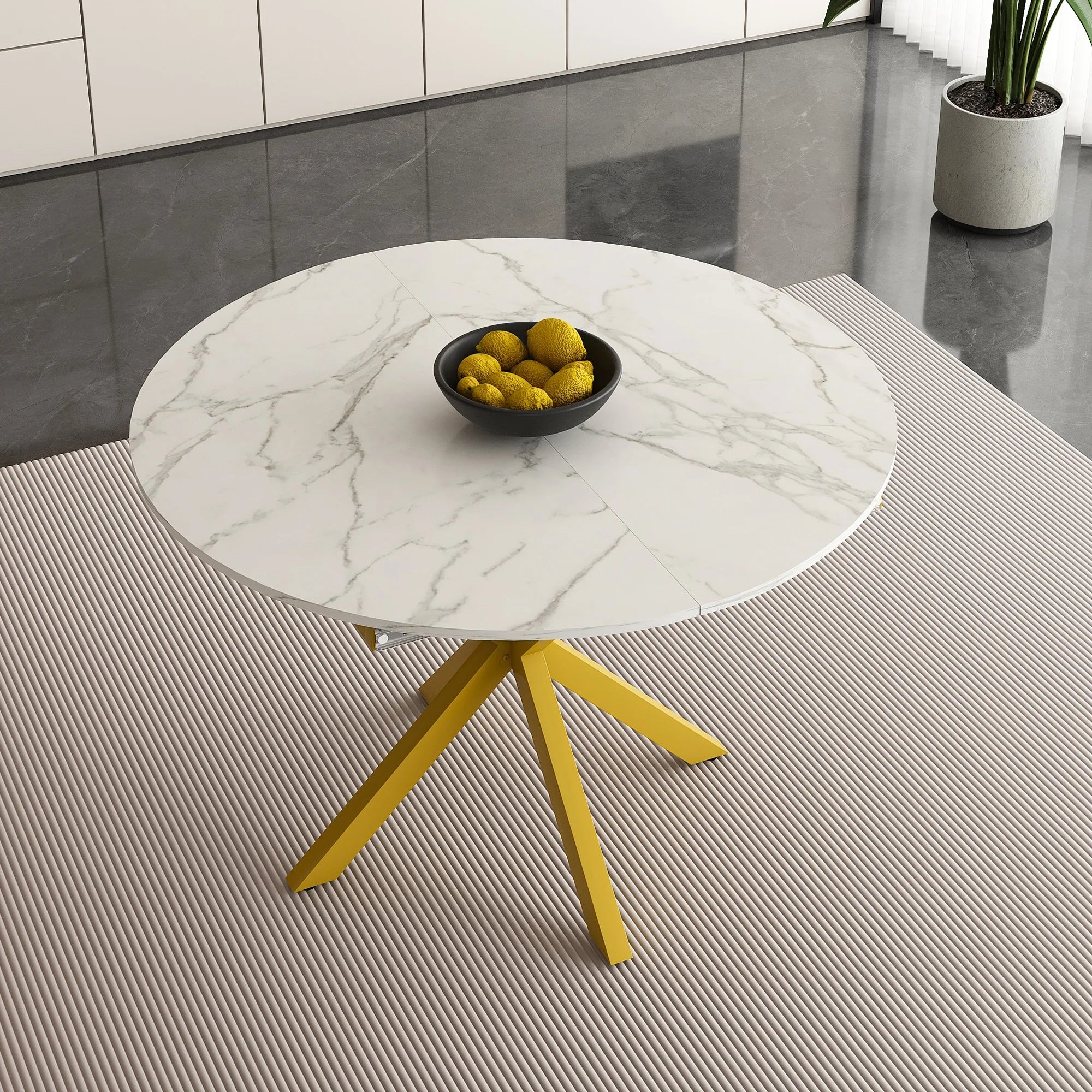 UHOMEPRO Extendable Dining Table with Extendable Blades. Modern Round Kitchen Table with Faux Marble Tabletop. Single Dining Room Table with Carbon Steel X-shaped Base for Dining Room. White+Gold