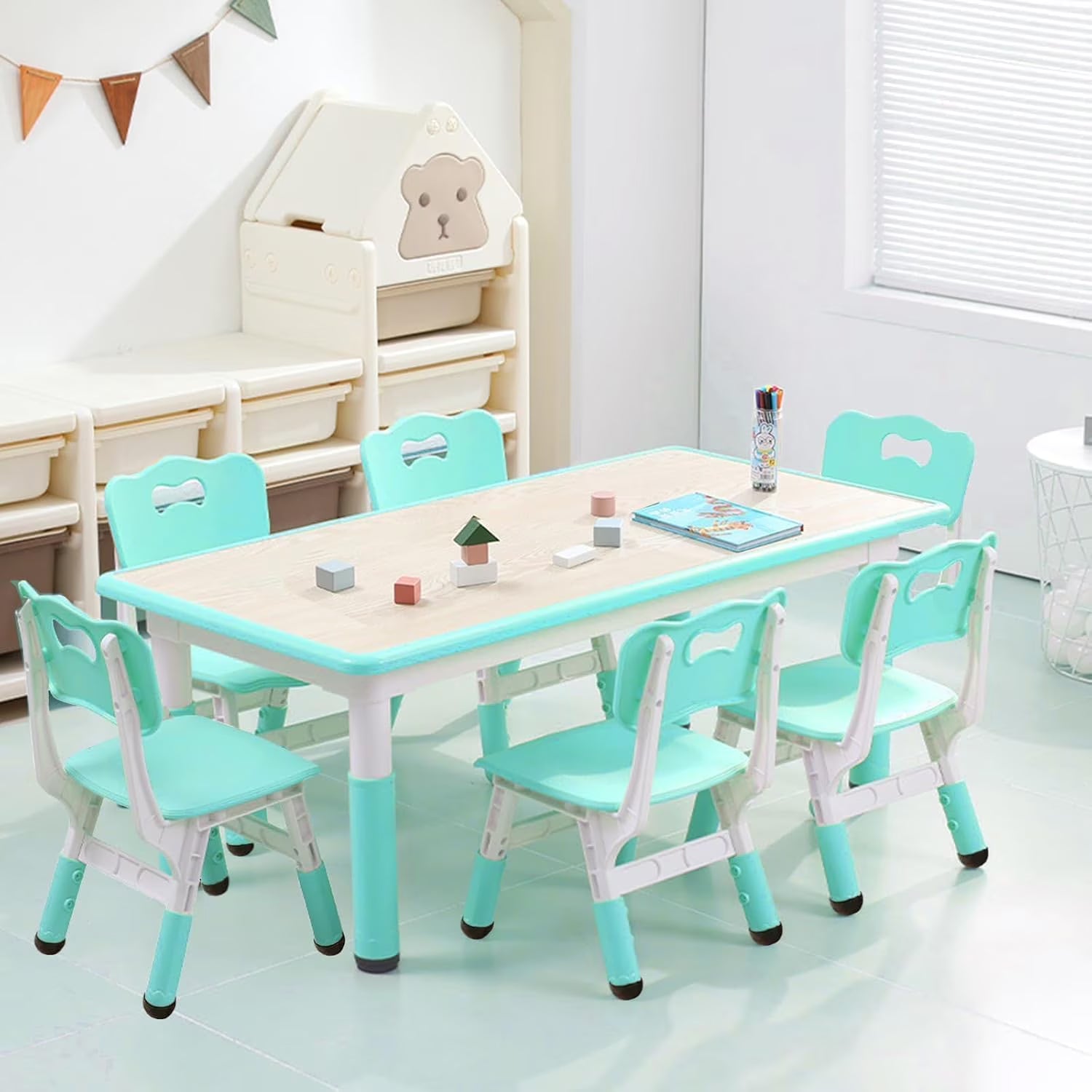 TROPOW Kids Table and Chairs.Height Adjustable Toddler Table and 6 Chair.Multi-Activity Table with Graffiti Desktop Non-Slip Legs for Ages 2-10.Children Activity Table for Daycare.Classroom.Blue