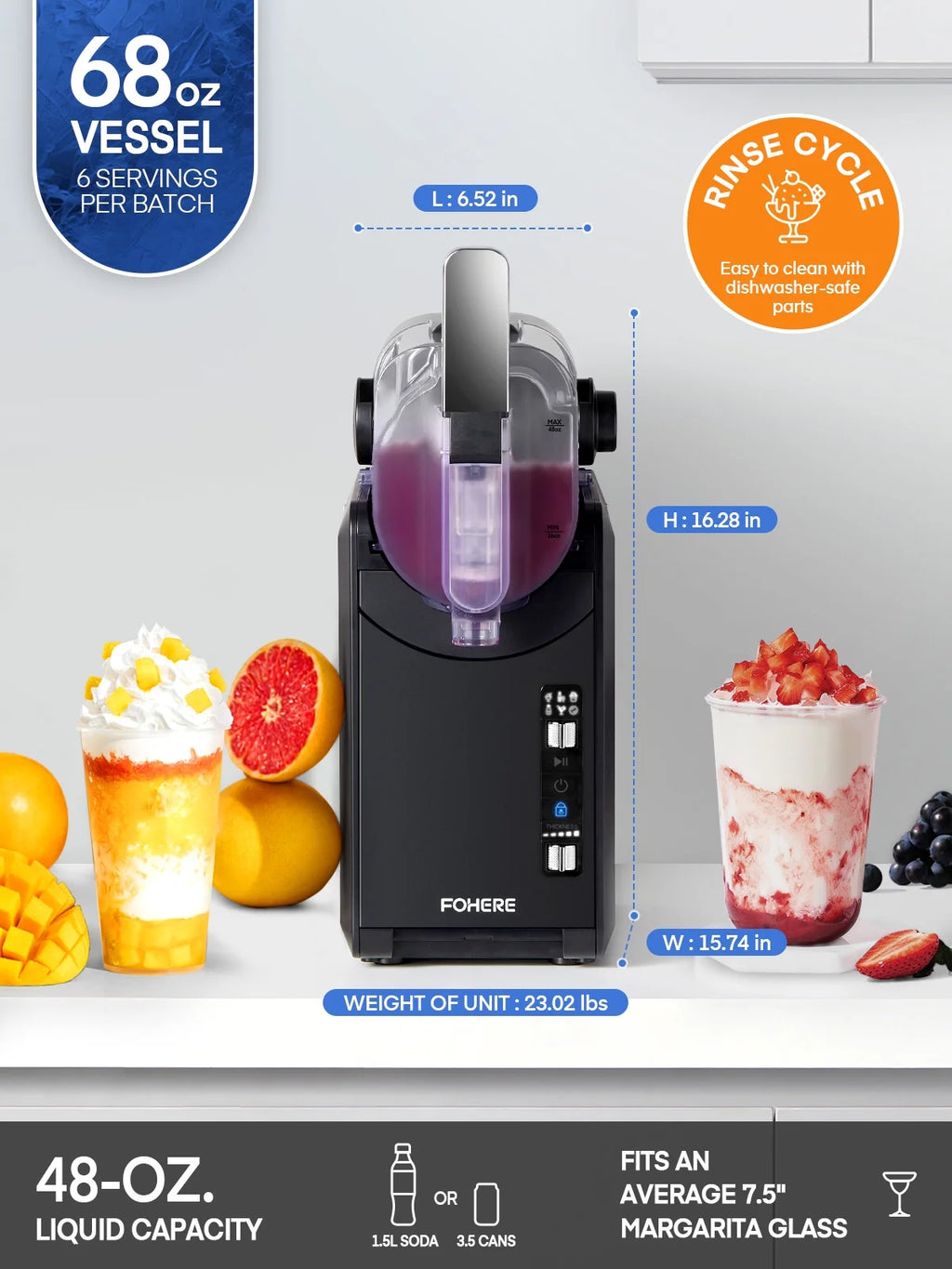 5-in-1 Slushie Machine. No Ice Needed. 15 Min Slushy Machine for Home with Self-Cleaning. Professional Frozen Drink Maker. 5 Preset Programs. Frozen Margaritas. Frapp��s. Milkshakes. and More. FOHERE