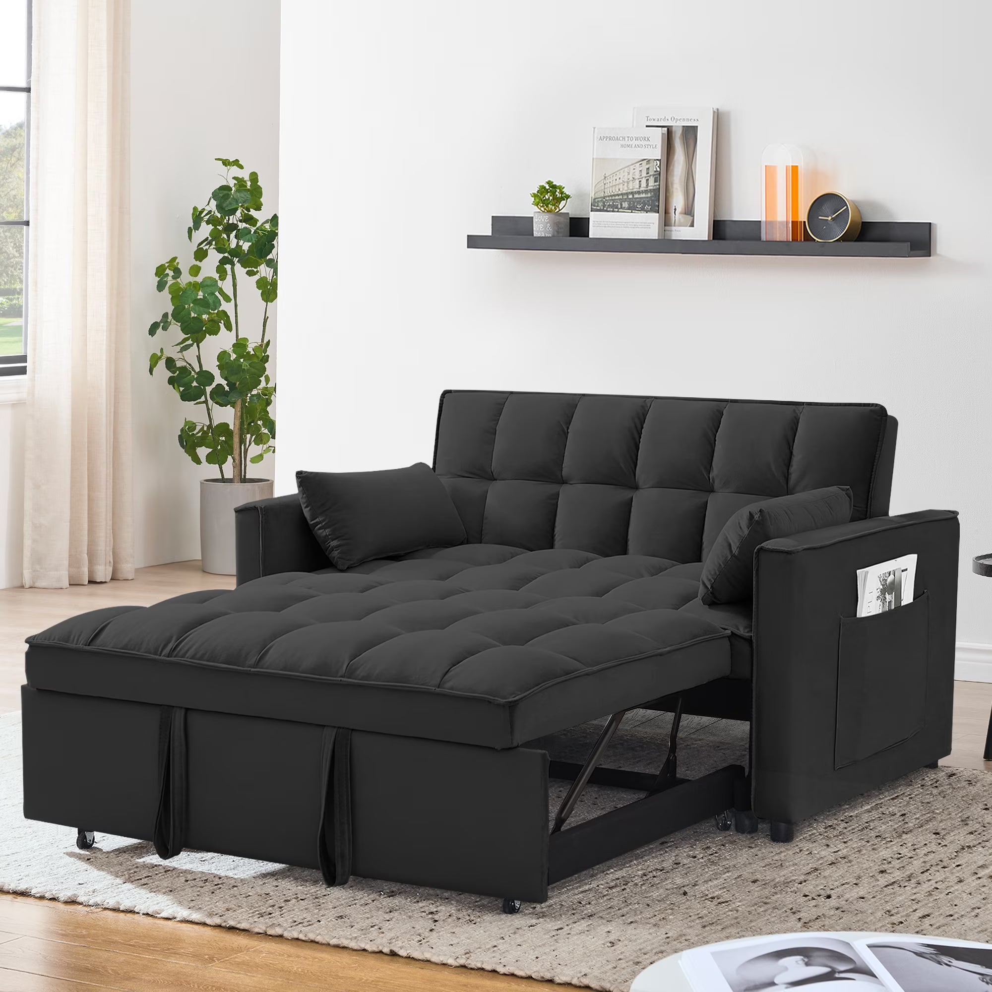 55 Inch Convertible Futon Sofa Bed.Modern Loveseat Sleeper Sofa Couch with Pull-Out Sofa Bed for Living Room.Small Space - Black