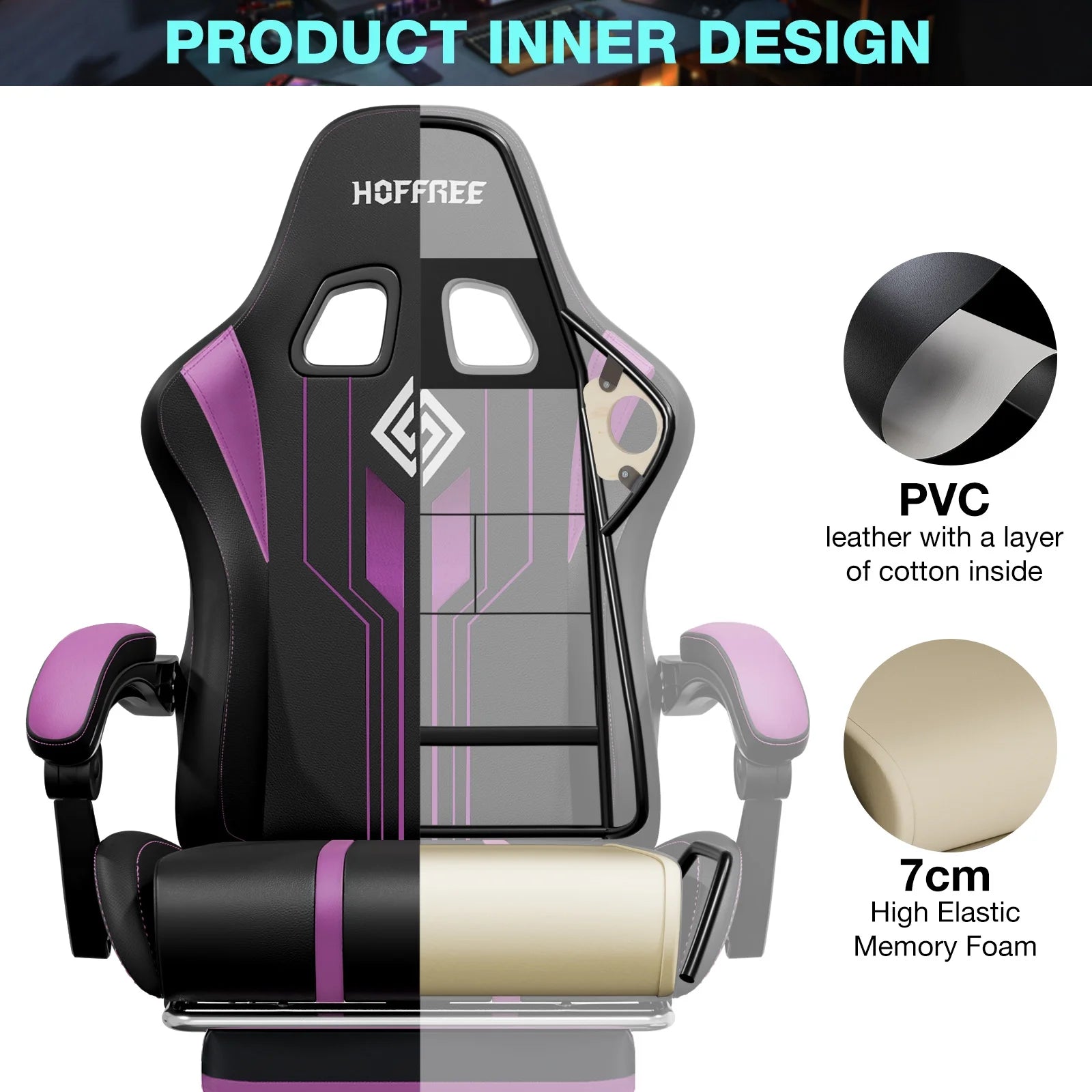 HOFFREE Big and Tall Gaming Chair with Speakers and RGB Lights. Gamer Chair with Footrest. Lumbar Support Height Adjustable 360-Swivel Seat and Headrest for Adults. 400lbs
