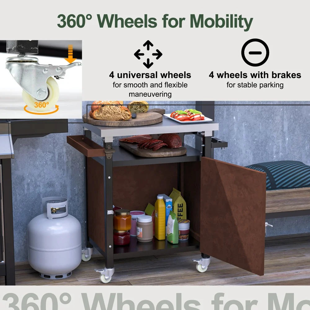 IVV BBQ Grill Storage Cart/Bin. Outdoor Storage Cabinet on Wheels. Metal Kitchen Dining Table Cooking Prep Table with Wheels. Hooks. and Spice Rack. for Patio Island Home Party Bar (Brown)