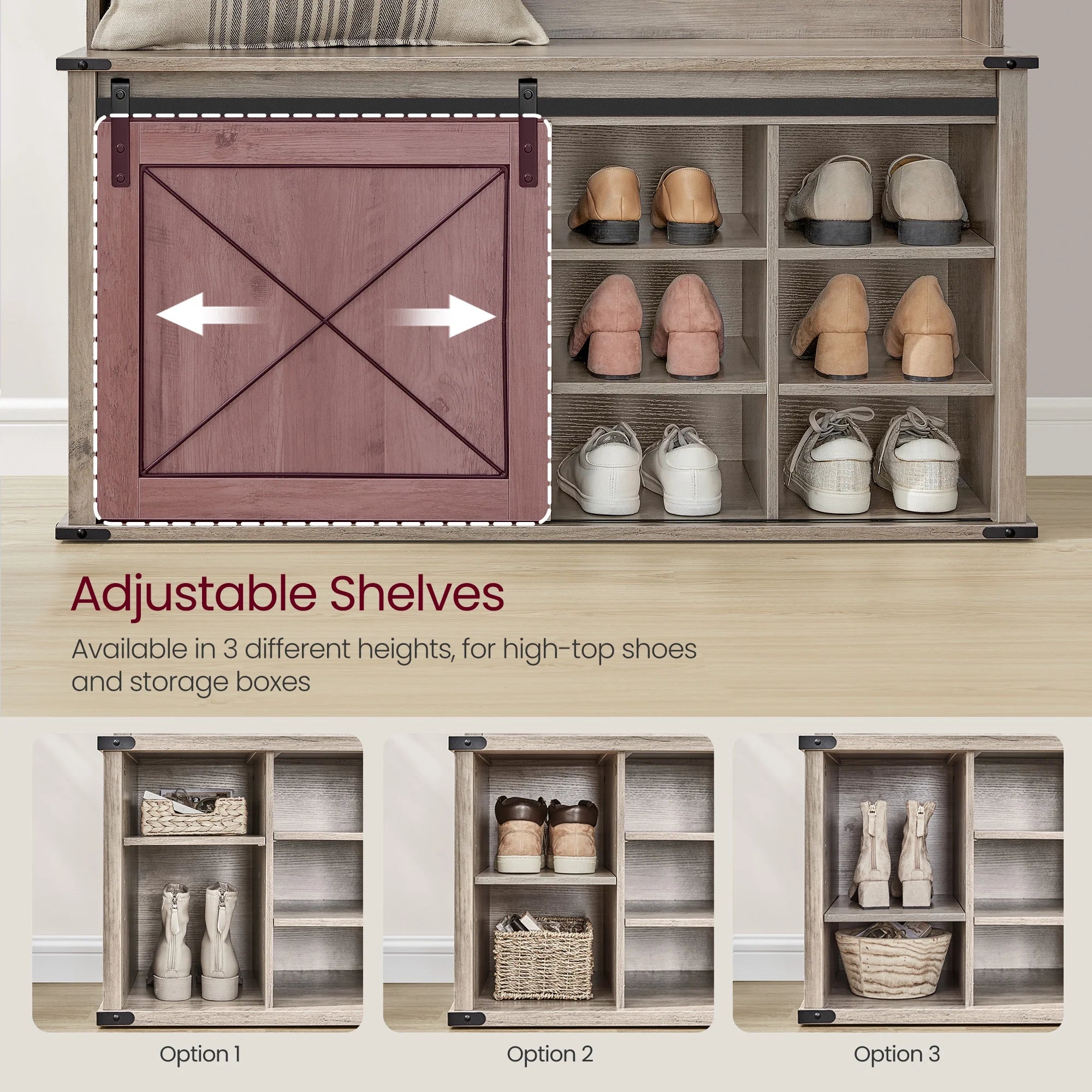Hall Tree. Coat Rack with Shoe Bench. Entryway Furniture. Tri-Hooks. Rustic White and Honey Brown