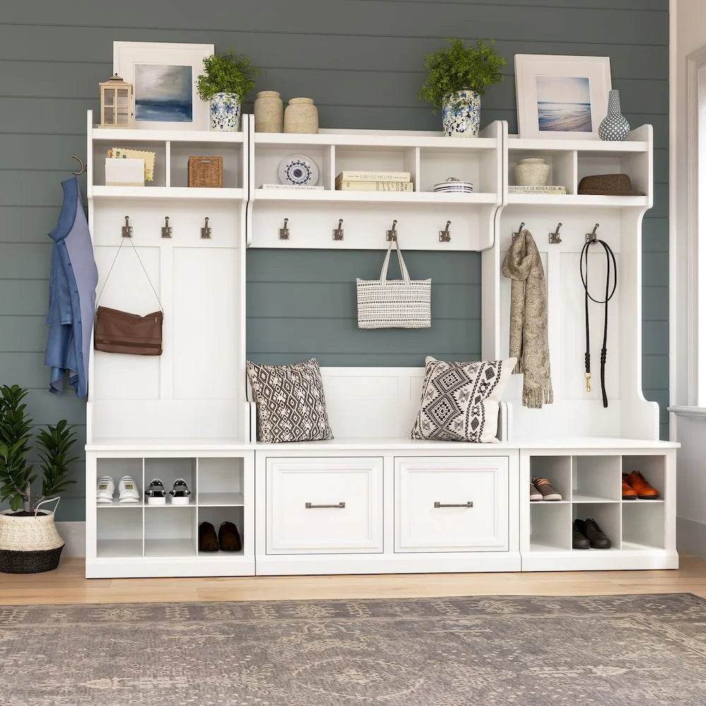 Woodland 24W Hall Tree & Shoe Bench w/ Drawer in White Ash - Engineered Wood