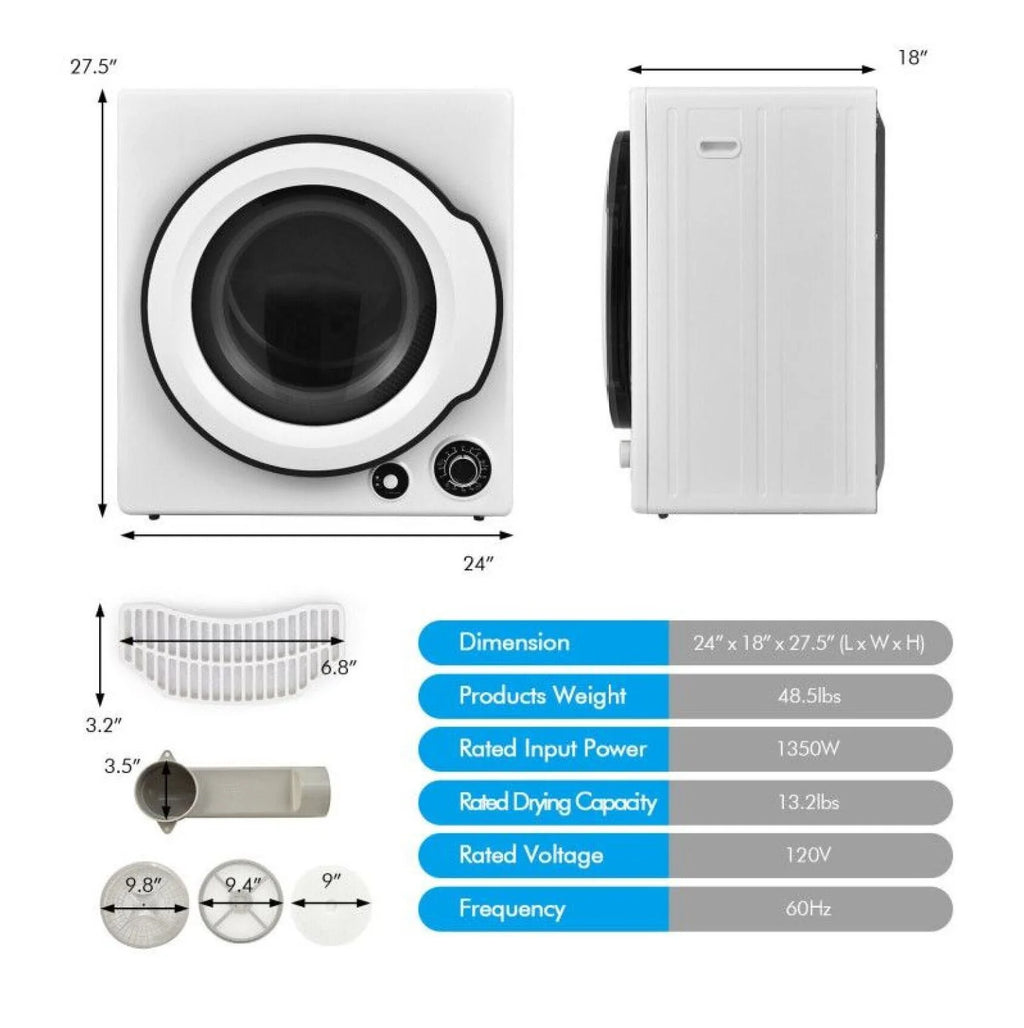 Electric Laundry Dryer. 13.2lbs Compact Tumble Dryer with Stainless Steel Tub. 4 Drying Modes. 2 Heat Settings. ETL Certified - for Apartments. Dorms. RVs
