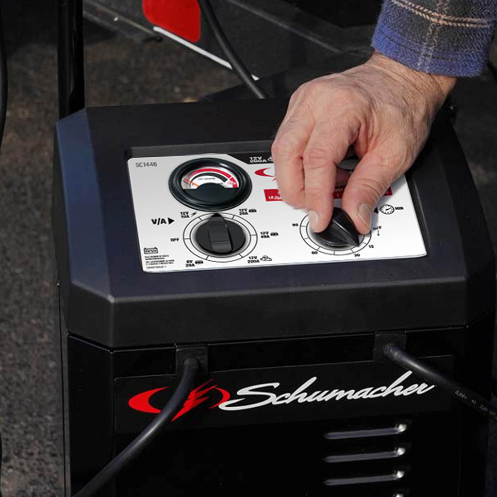 Schumacher Electric Wheeled Manual 10A Car Battery Charger and 200A Engine Starter. 40A Boost. 6V/12V Sport. Auto. and Marine Batteries. SC1446