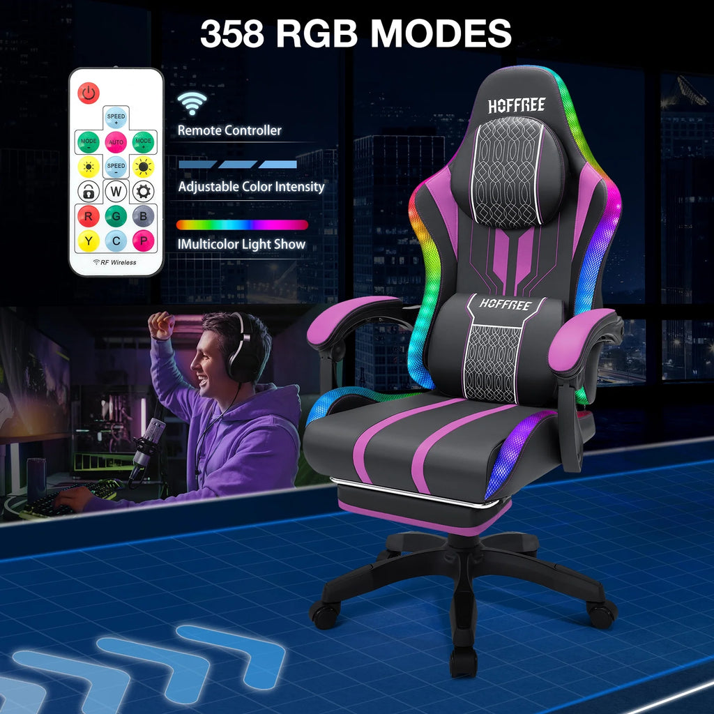 HOFFREE Big and Tall Gaming Chair with Speakers and RGB Lights. Gamer Chair with Footrest. Lumbar Support Height Adjustable 360-Swivel Seat and Headrest for Adults. 400lbs