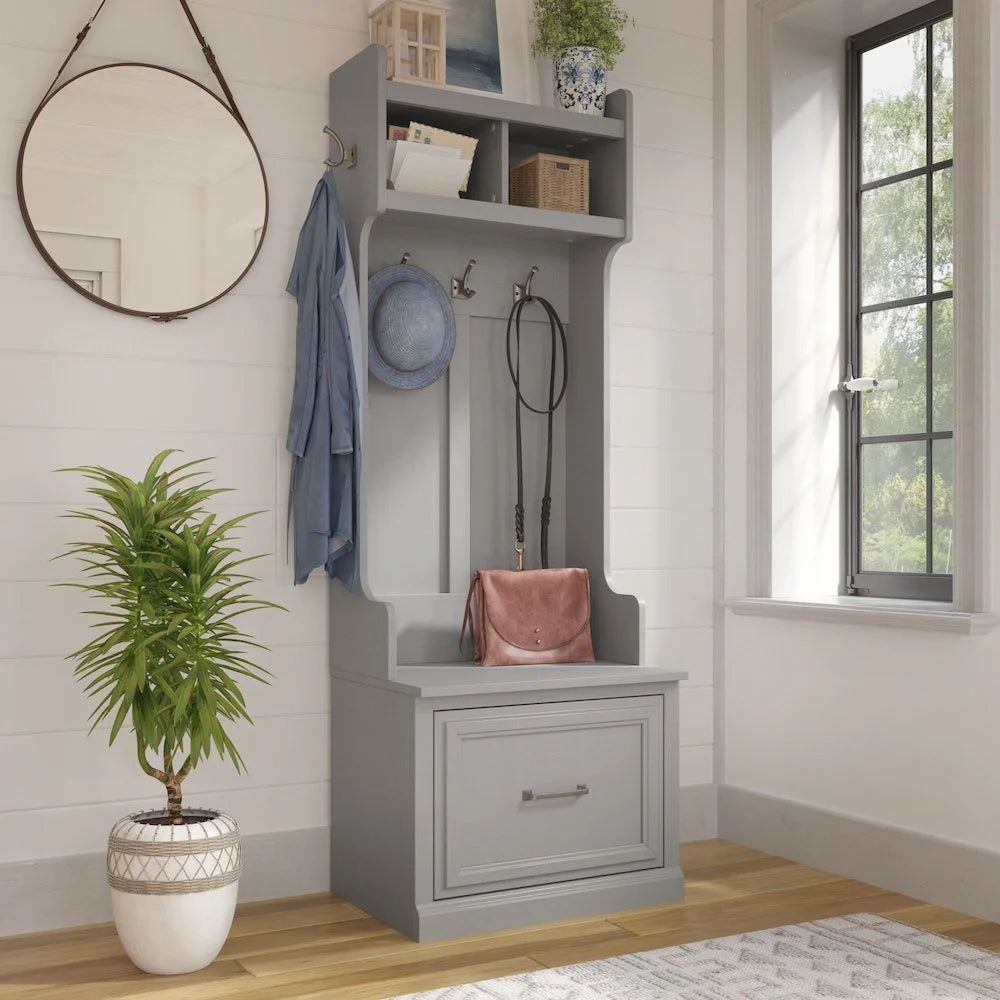 Woodland 24W Hall Tree & Shoe Bench w/ Drawer in White Ash - Engineered Wood