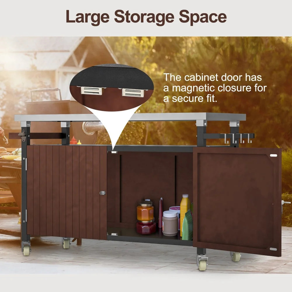 IVV BBQ Grill Storage Cart/Bin. Outdoor Storage Cabinet on Wheels. Metal Kitchen Dining Table Cooking Prep Table with Wheels. Hooks. and Spice Rack. for Patio Island Home Party Bar (Brown)