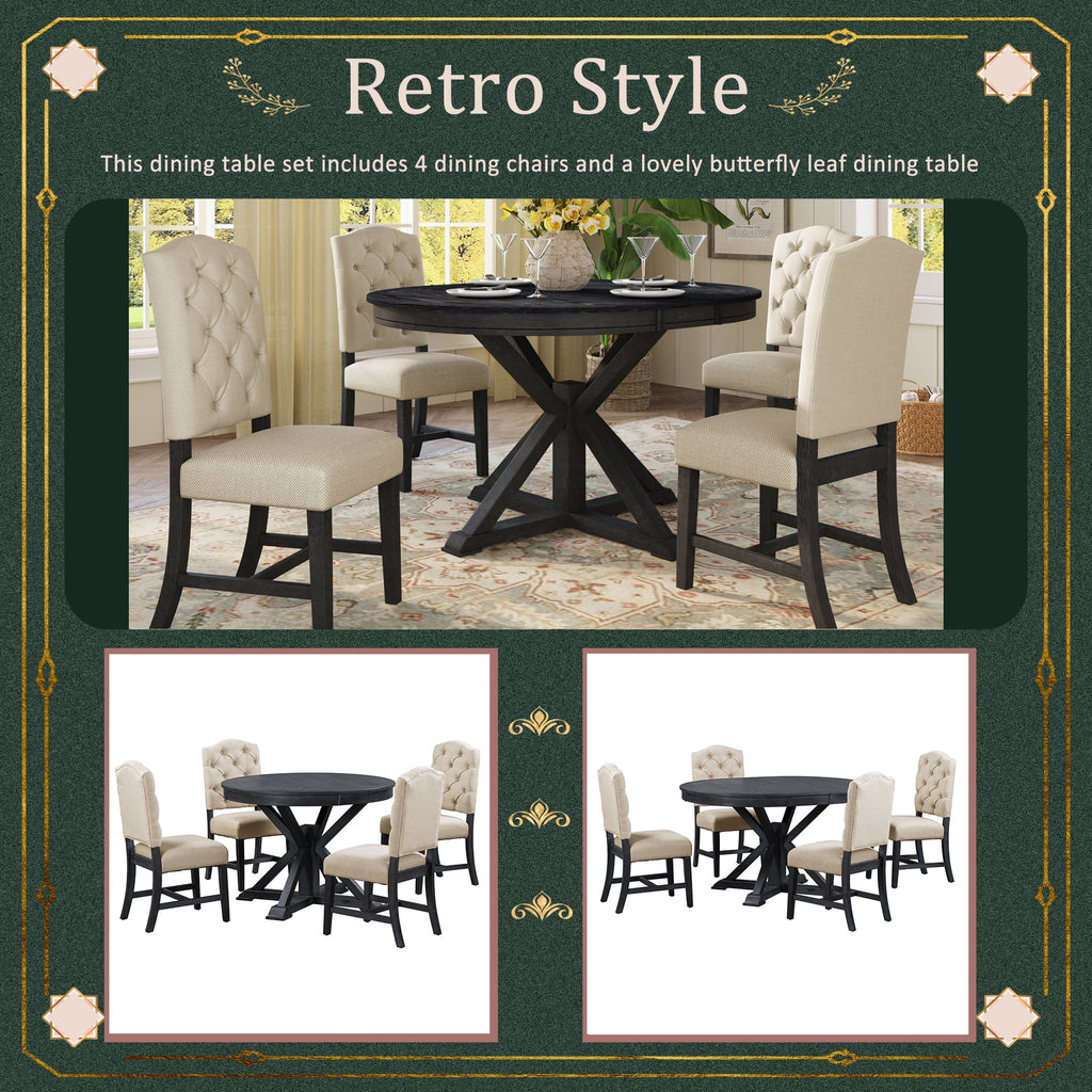 Besthome Farmhouse Extendable Round Kitchen Dining Room Table Set with Upholstered Chairs of 4. 5 Piece Round Dining Table Set with Extendable Table. Espresso