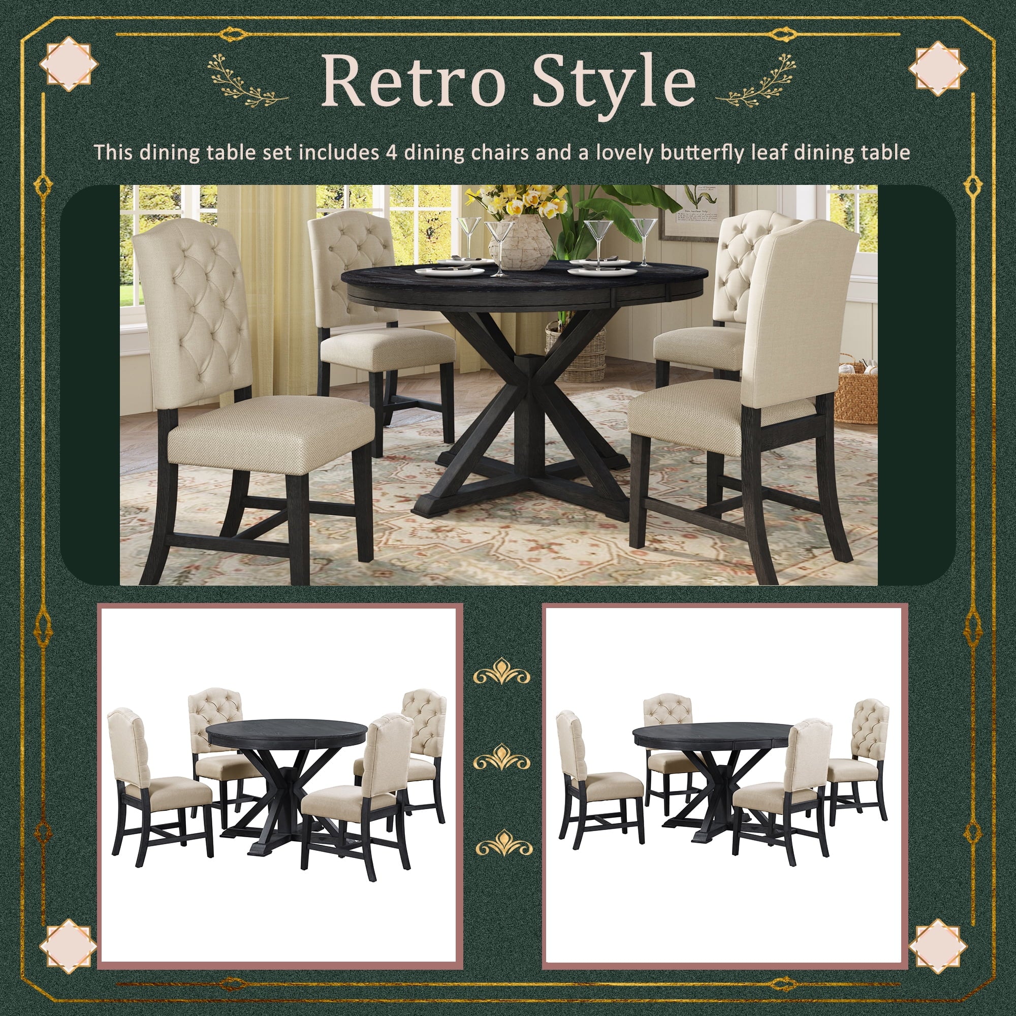 Besthome Farmhouse Extendable Round Kitchen Dining Room Table Set with Upholstered Chairs of 4. 5 Piece Round Dining Table Set with Extendable Table. Espresso