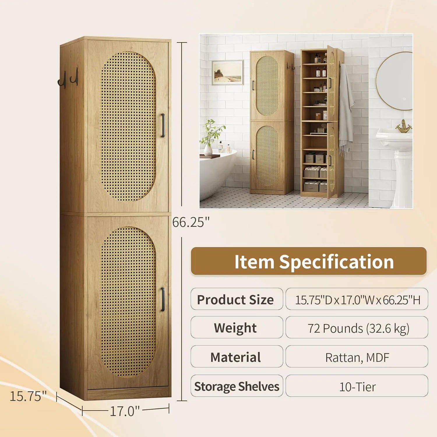 66-Inch Bathroom Storage Cabinet with Rattan Doors.  Bath Room Organizer Floor Cabinets Brown