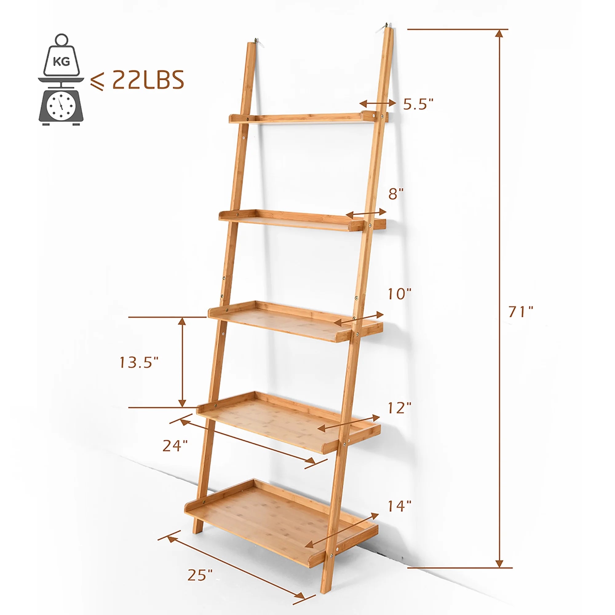 Costway 5-Tier Ladder Shelf Bamboo Bookshelf Wall-Leaning Storage Display Plant Stand