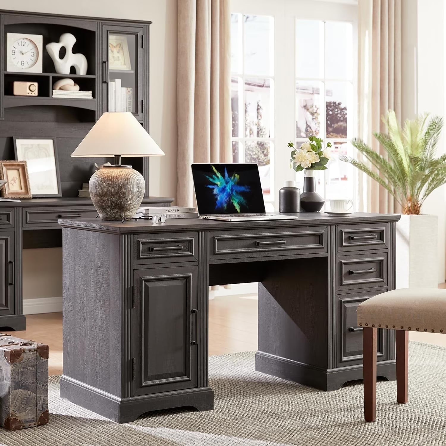 T4TREAM Farmhouse Wood 58 Executive Desk. Home Office 30 High Computer Desk with Drawers and Storage Cabinet. White
