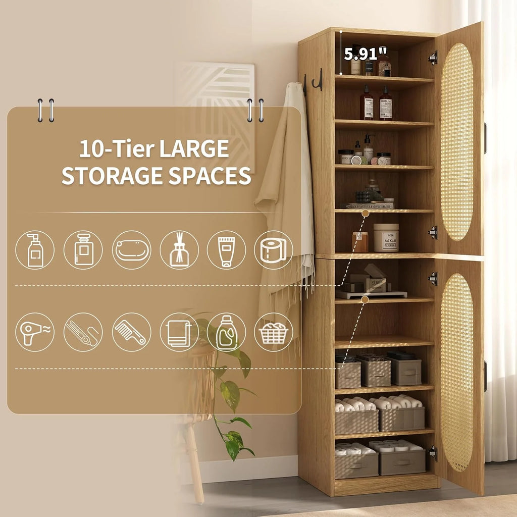 66-Inch Bathroom Storage Cabinet with Rattan Doors.  Bath Room Organizer Floor Cabinets Brown