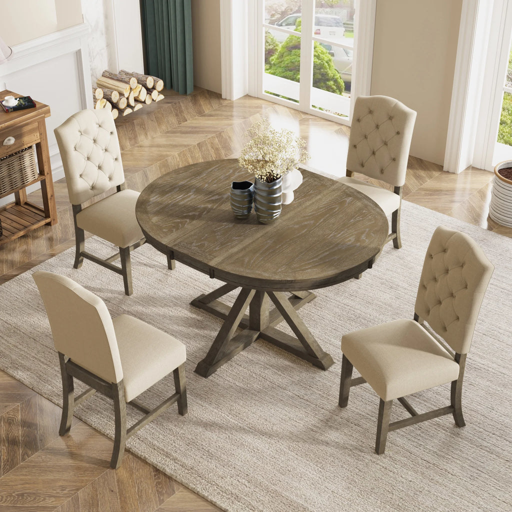 Besthome Farmhouse Extendable Round Kitchen Dining Room Table Set with Upholstered Chairs of 4. 5 Piece Round Dining Table Set with Extendable Table. Espresso