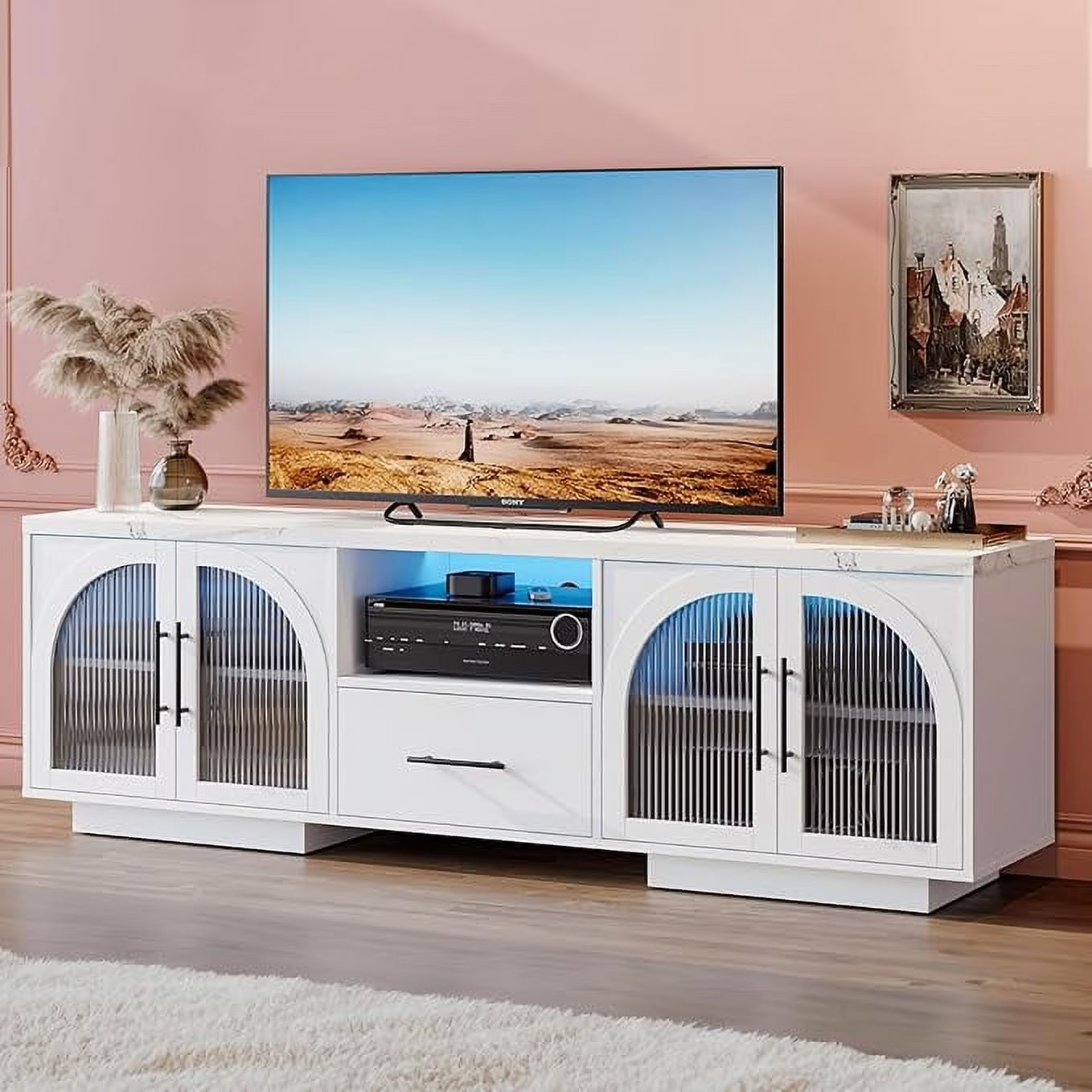 TV Stand for 75 inch TV. LED TV Stand for Living Room.70 Entertainment Center with Arched Glass Doors. Faux Marble Wood Finish Top. Adjustable Shelves. and LED Lighting. Black