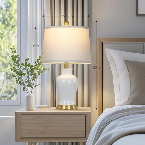 Modern Ceramic Table Lamps Set of 2. 23 White Ceramic Lamps for Living Room. Rustic Farmhouse Bedside Lamp with Ginger Jar Design. Elegant Bedroom Lamp for Nightstand Desk Side End Table Home Decor