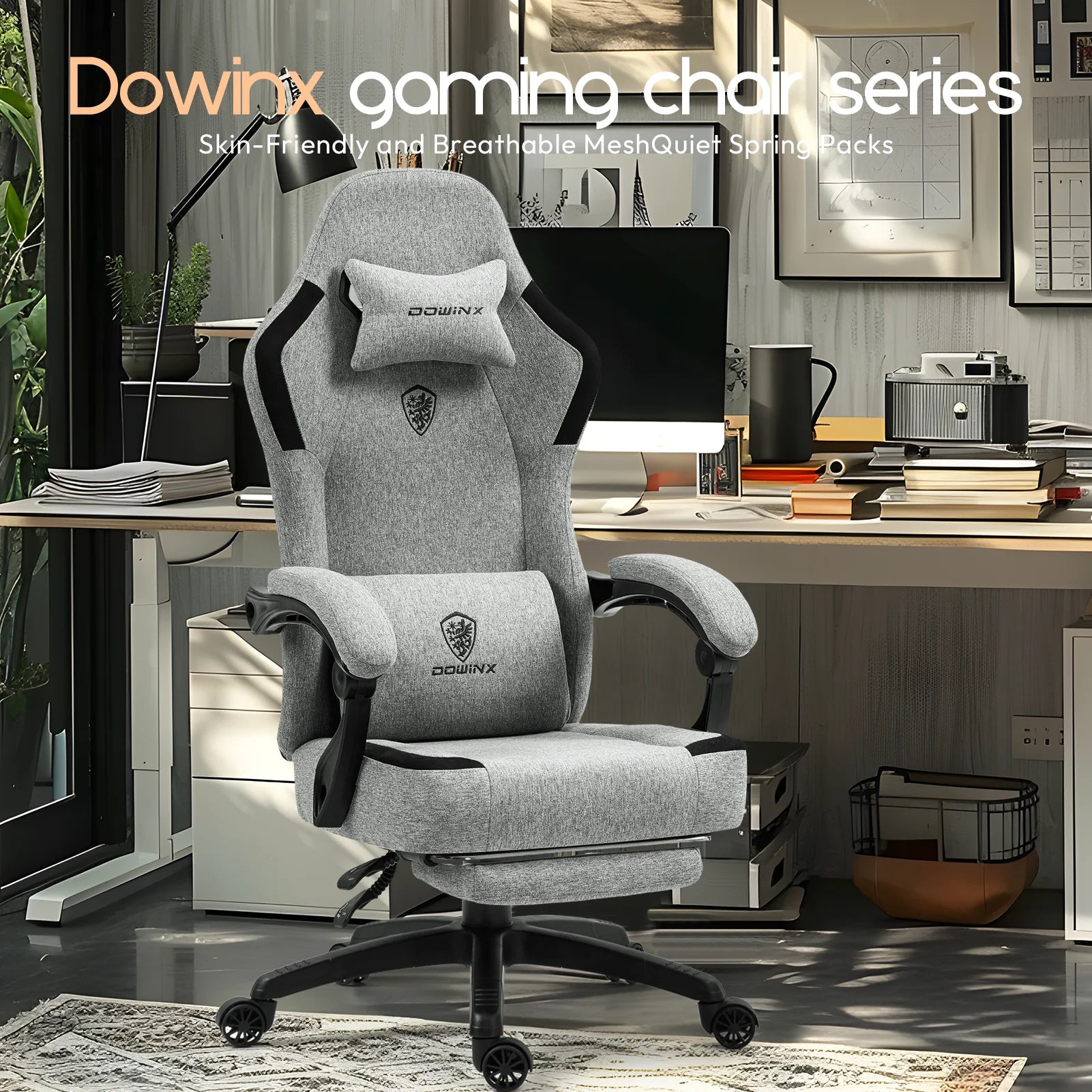GOOSEA Fabric Gaming Chair with Pocket Spring Cushion. Breathable Computer Chair with Massage Lumbar Support and Footrest. High Back Office Chair for Adults. 300lbs. Grey