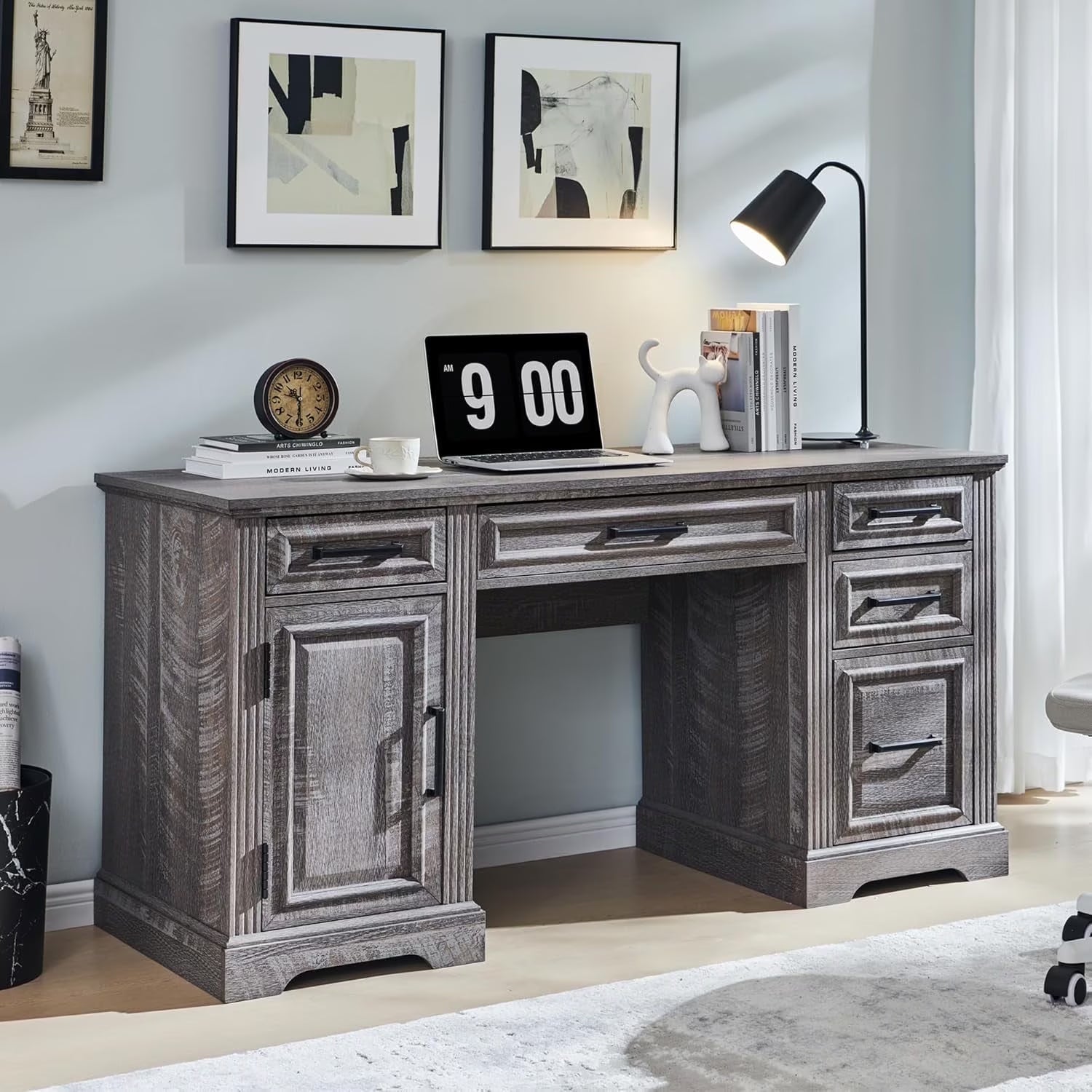 T4TREAM Farmhouse Wood 58 Executive Desk. Home Office 30 High Computer Desk with Drawers and Storage Cabinet. White