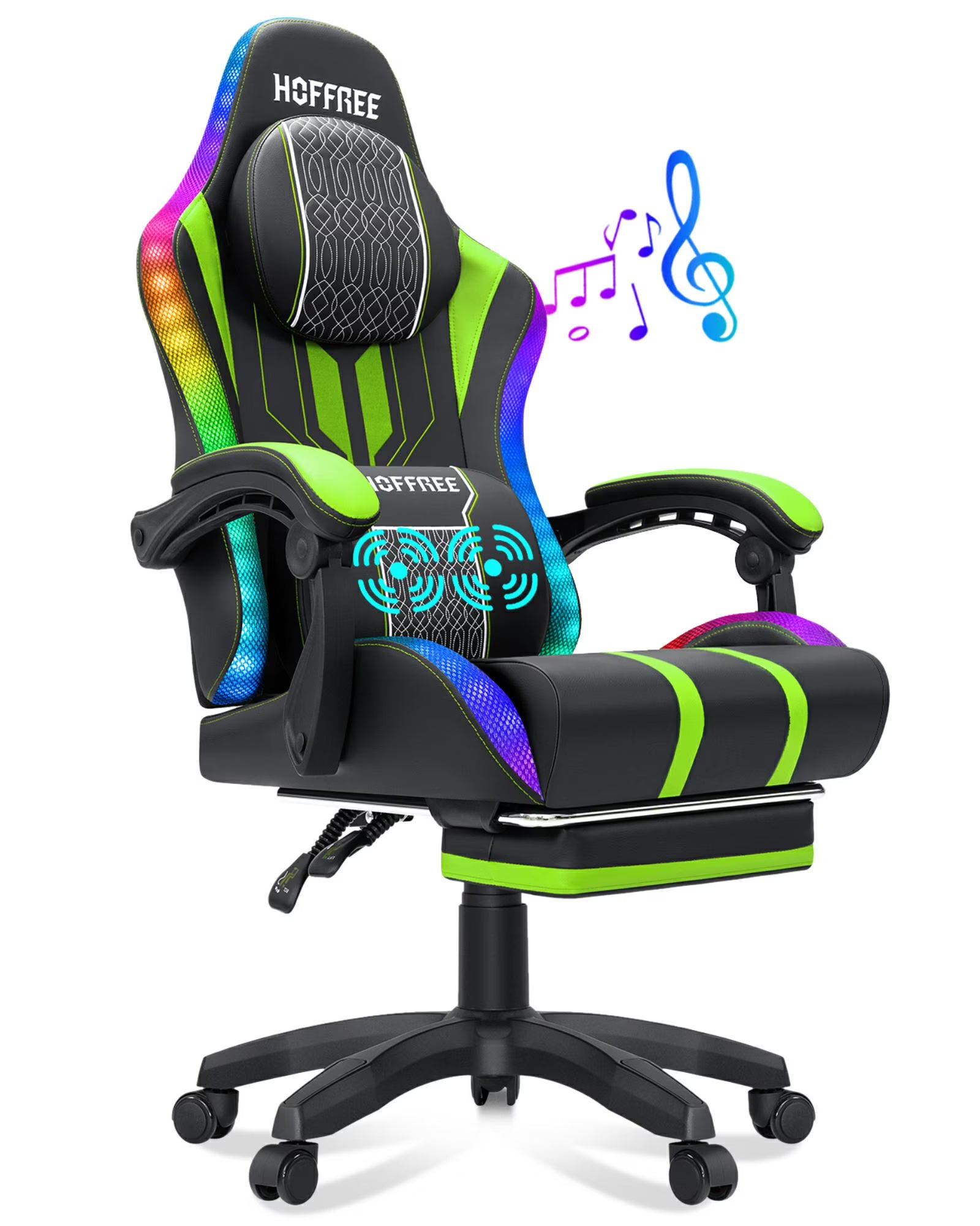 HOFFREE Big and Tall Gaming Chair with Speakers and RGB Lights. Gamer Chair with Footrest. Lumbar Support Height Adjustable 360-Swivel Seat and Headrest for Adults. 400lbs