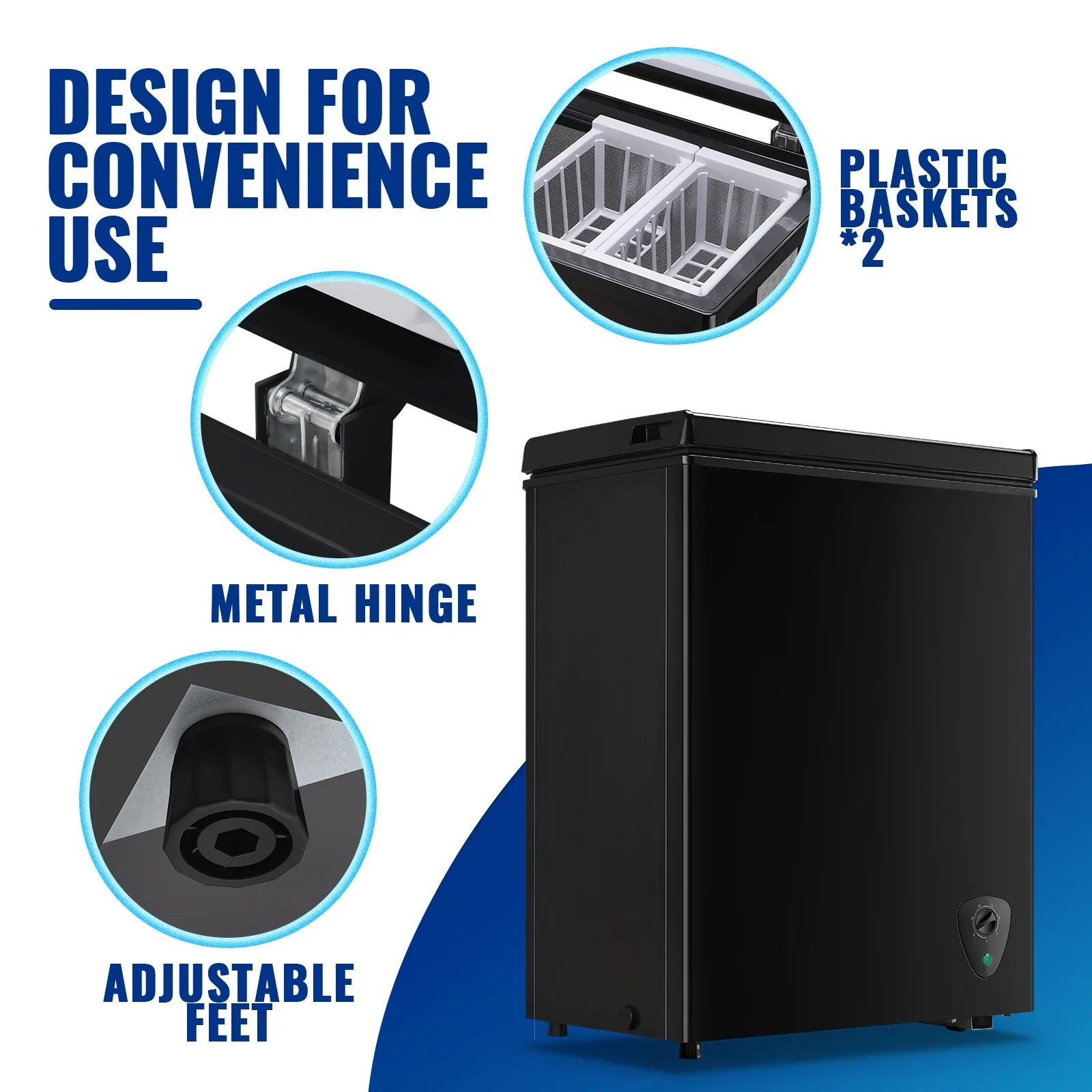 3.6 Cu.ft Chest Mini Freezer with Wheels Deep Freezer for Bulk Storage Top Open Door 2 Removable Baskets 7 Modes Temperature for Home Apartment Kitchen Black
