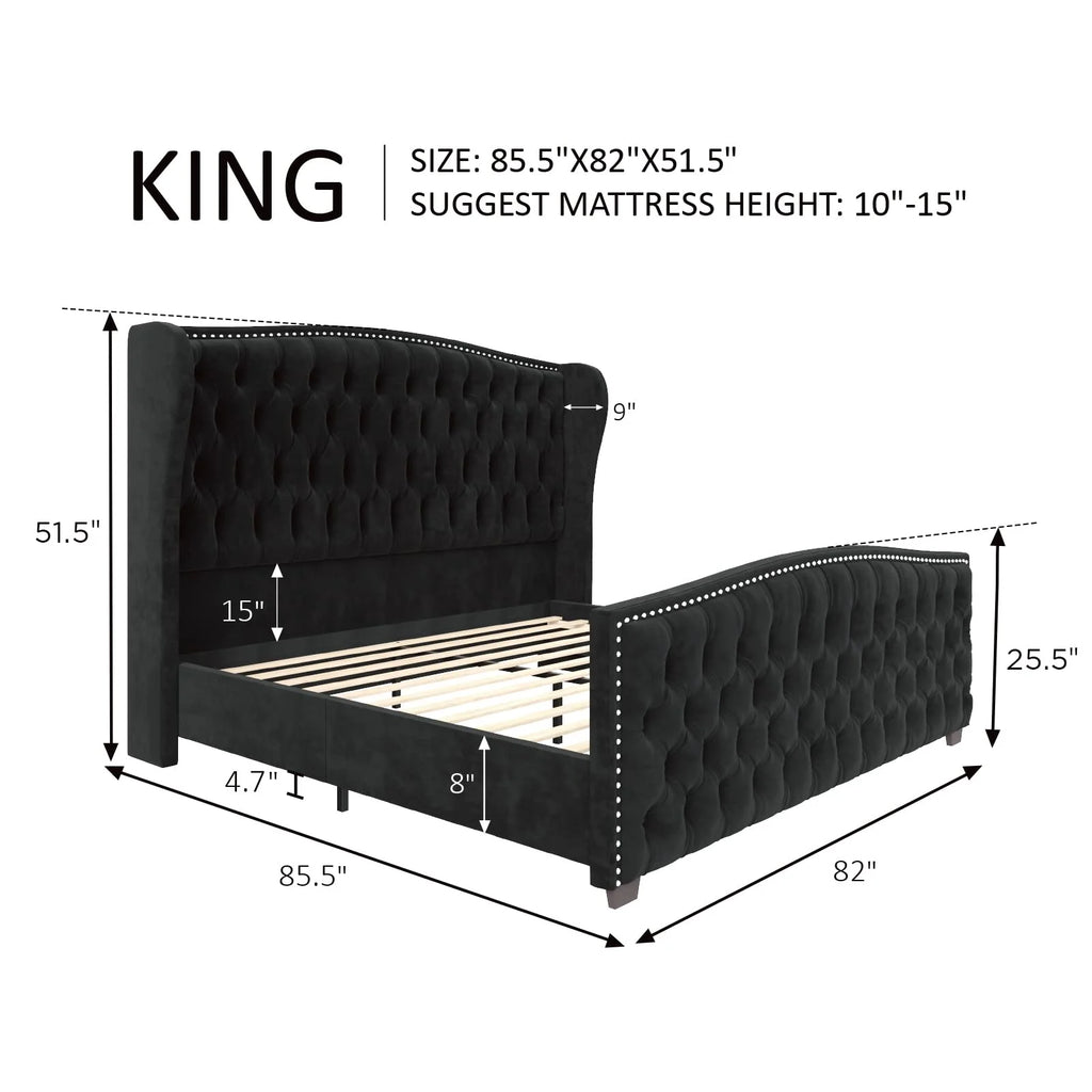 VANACC Queen Size Bed Frame. Velvet Upholstered Bed with Deep Button Tufted Wingback Headboard��Grey