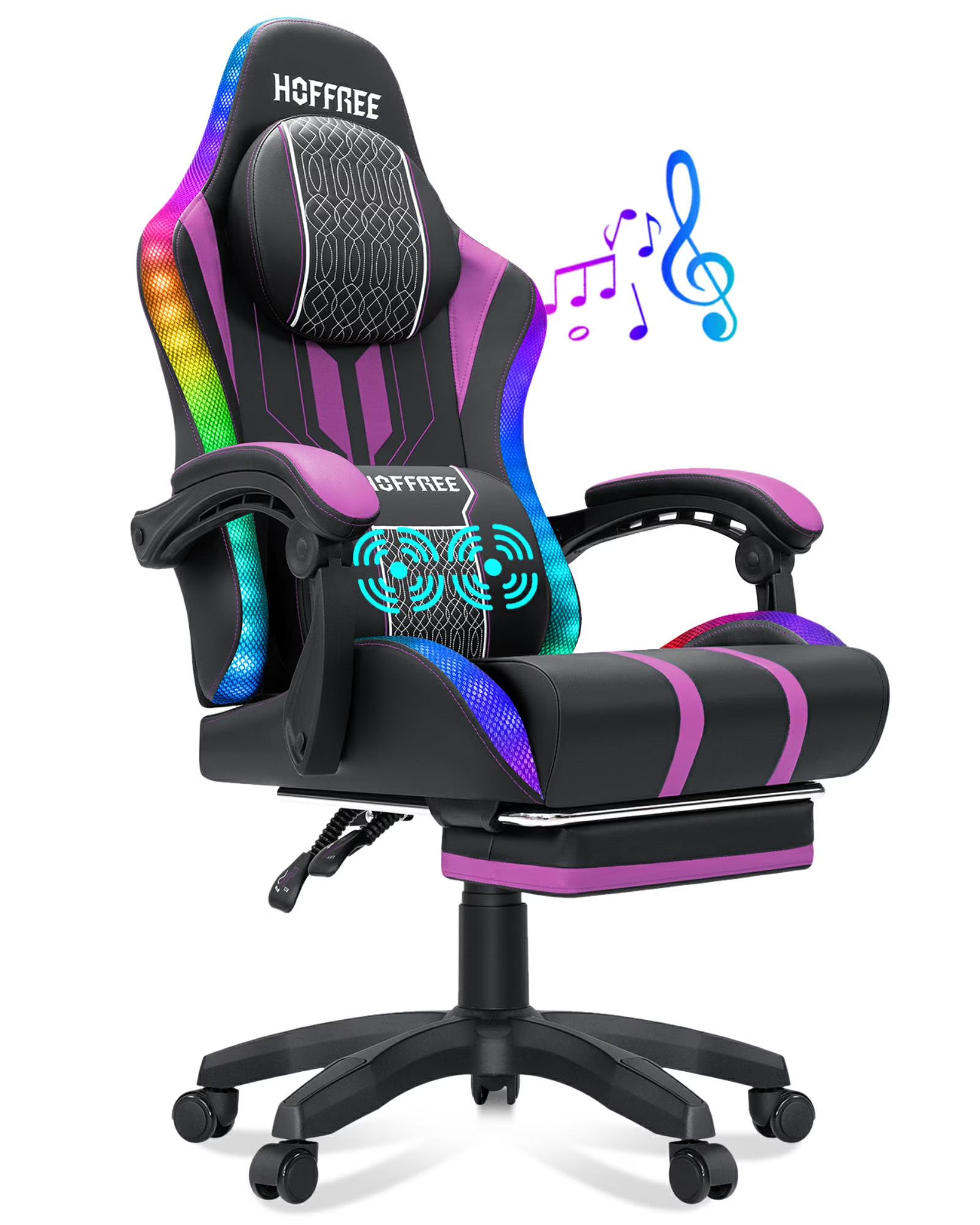 HOFFREE Big and Tall Gaming Chair with Speakers and RGB Lights. Gamer Chair with Footrest. Lumbar Support Height Adjustable 360-Swivel Seat and Headrest for Adults. 400lbs