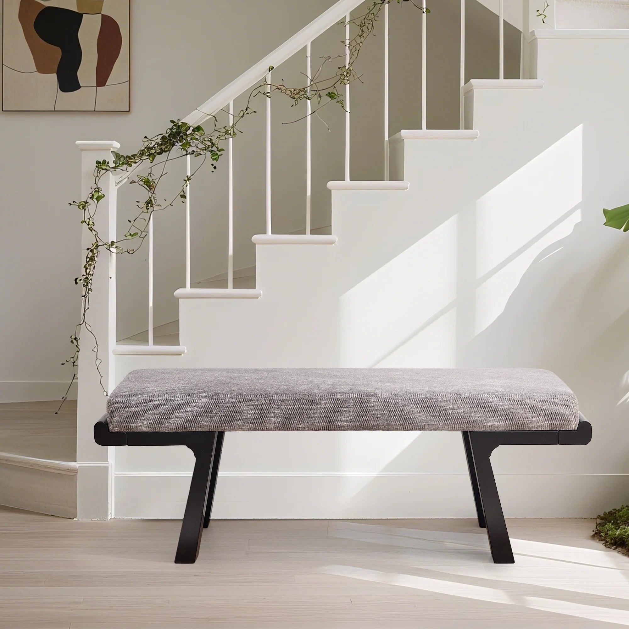 Zesthouse 47.4 Linen Upholstered Bench. Entryway Bench with Solid Wood Legs. Modern Ottoman Bench for Living Bedroom Room. Beige