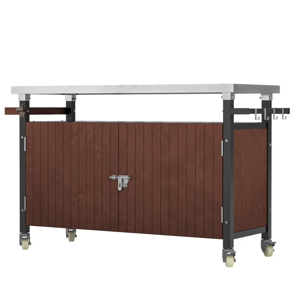 IVV BBQ Grill Storage Cart/Bin. Outdoor Storage Cabinet on Wheels. Metal Kitchen Dining Table Cooking Prep Table with Wheels. Hooks. and Spice Rack. for Patio Island Home Party Bar (Brown)