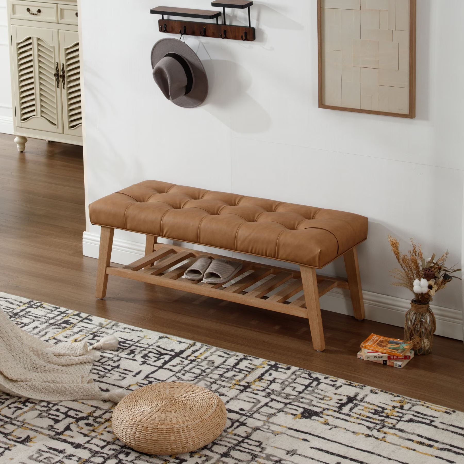 Dayalane Upholstered Storage Bench with Shoe Rack.Linen Fabric Entryway Bench for Living Room. Bedroom and Hallway. Multi Functional Ottoman with Solid Wood Shelf. Beige