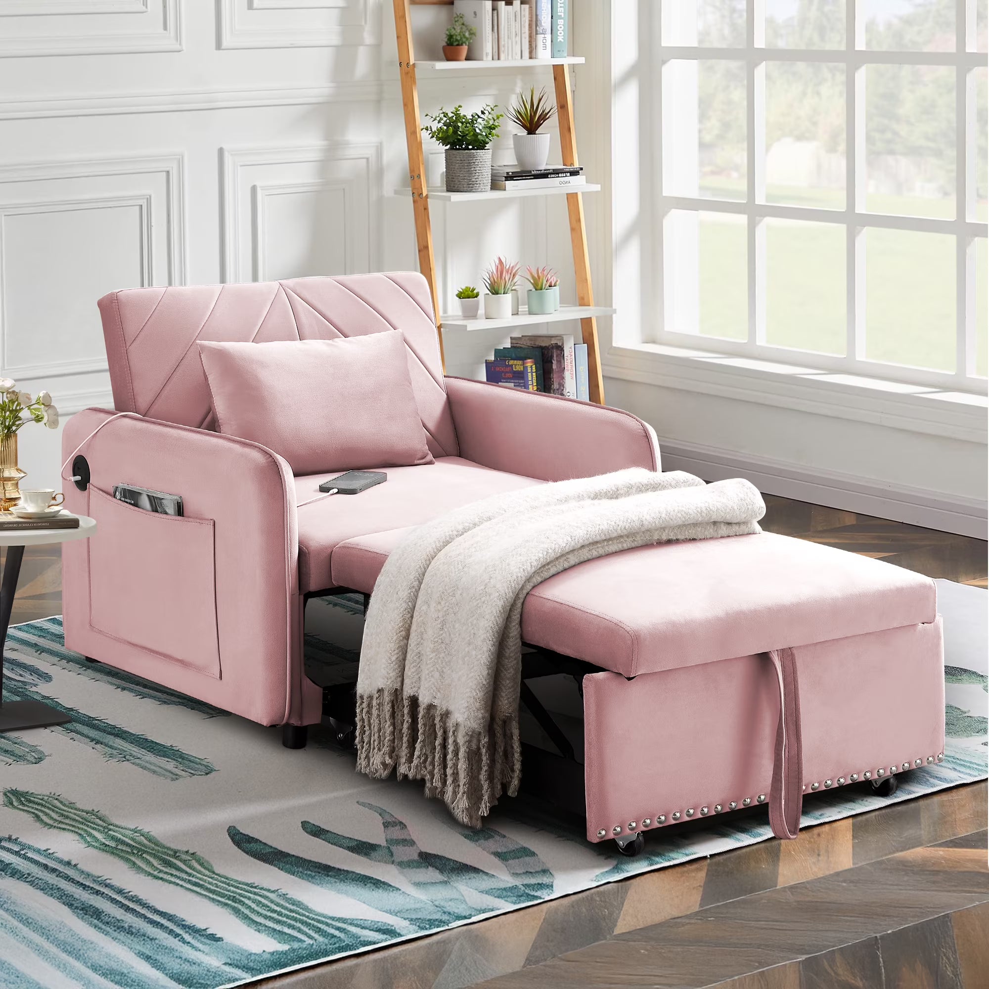 Lunale 3-in-1 Convertible Sleeper Chair Bed. Indoor Lounge Chair with USB/Type-C Charging Ports. Modern Recliner Sofa for Living Room. Gray Velvet