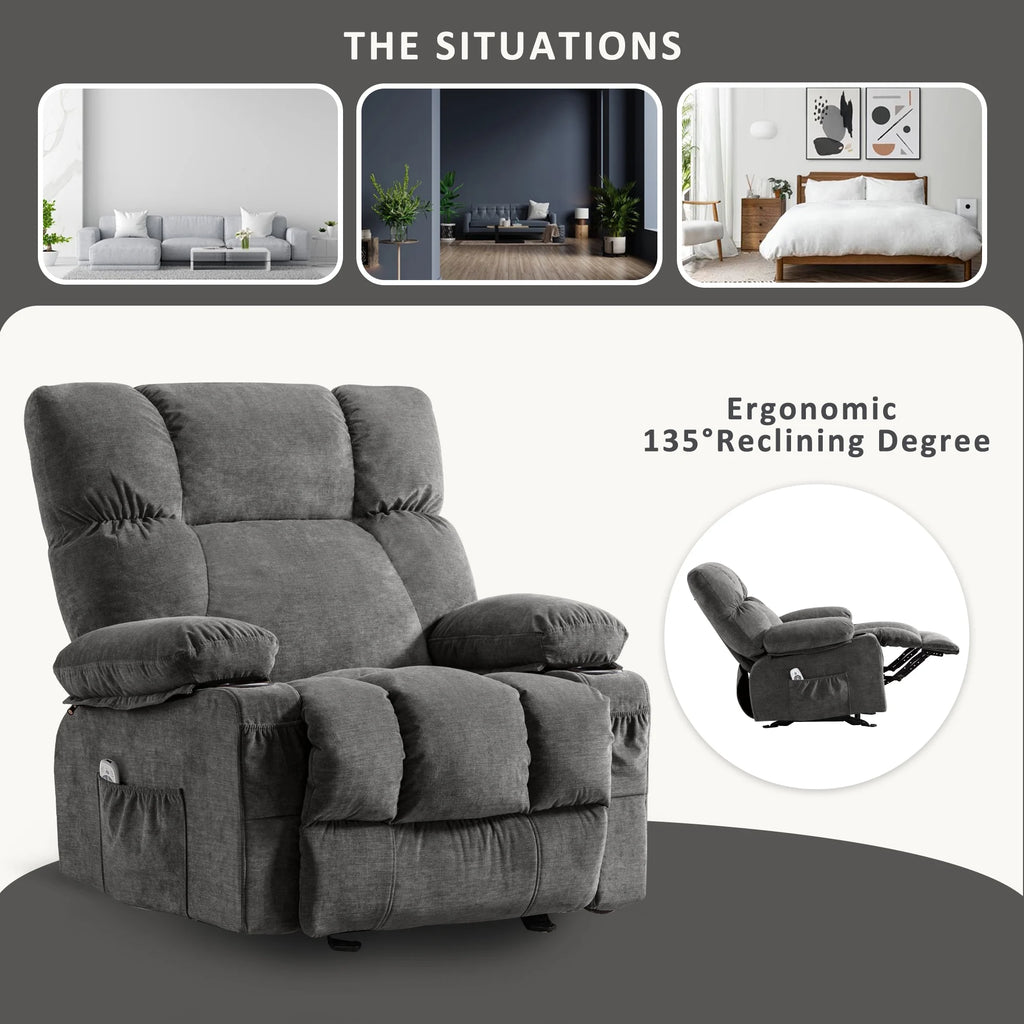 JONPONY Manual Recliner Chair with Heat Therapy and Massage Function. Heavy Duty Reclining Mechanism Massage Chair. Elderly Single Rocker Sofa with Cup Holders for Bedroom Home Theater.Grey