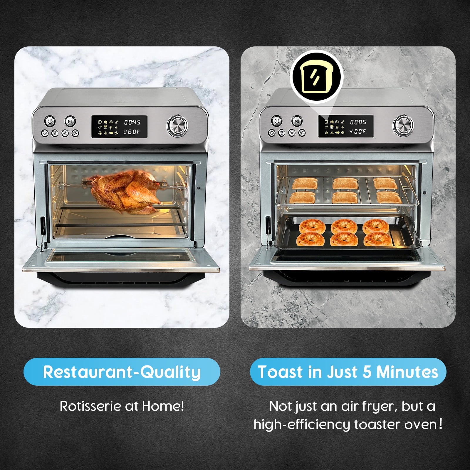 HYSapientia 26QT Air Fryer Oven With Rotisserie 1800W Toaster Oven Air Fryer Combo. 10 in 1 Convection Oven Countertop. Airfryer Toaster Oven. Mini Toaster Oven.Stainless Steel Outer