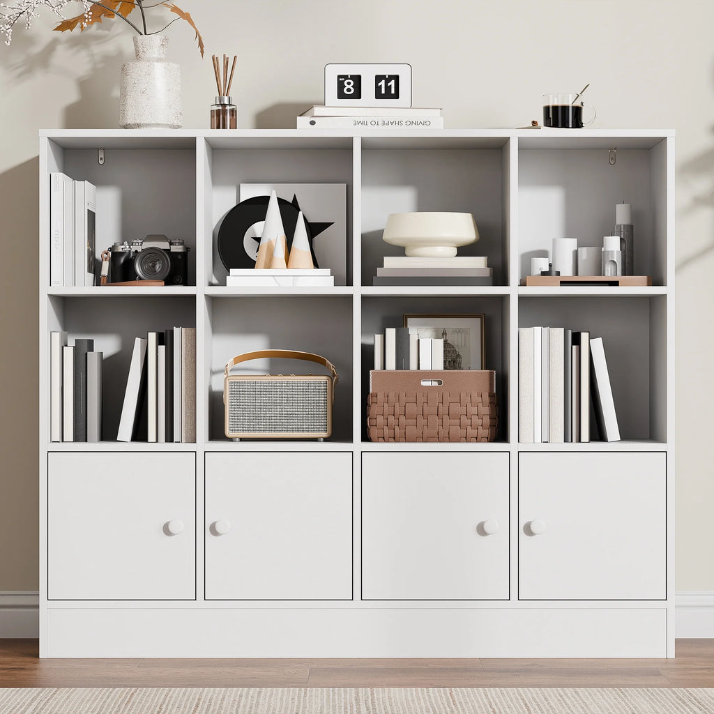 Cozy Castle 3-Tier Open Cube Bookcase with 12 Cubes and 4 Doors. Adjustable Shelves. White